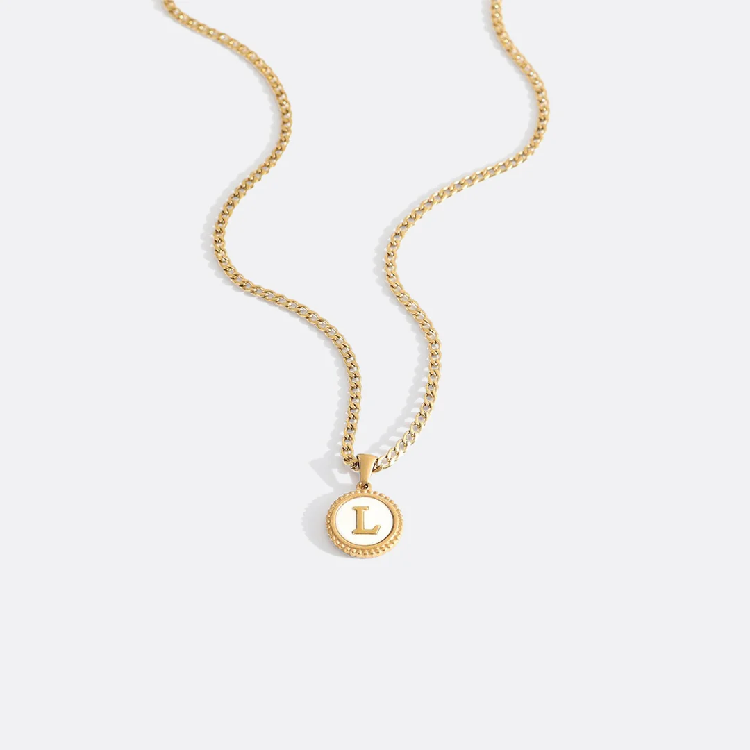 Mother of Pearl Disc Letter Necklace with Cuban Chain - Image 27