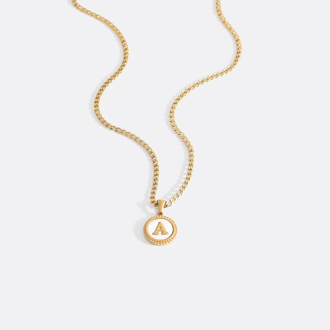 Mother of Pearl Disc Letter Necklace with Cuban Chain - Image 4