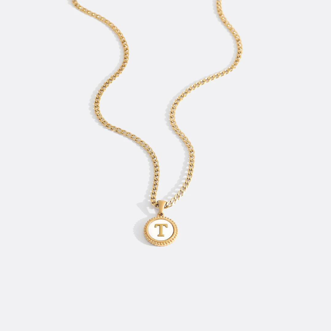Mother of Pearl Disc Letter Necklace with Cuban Chain - Image 43