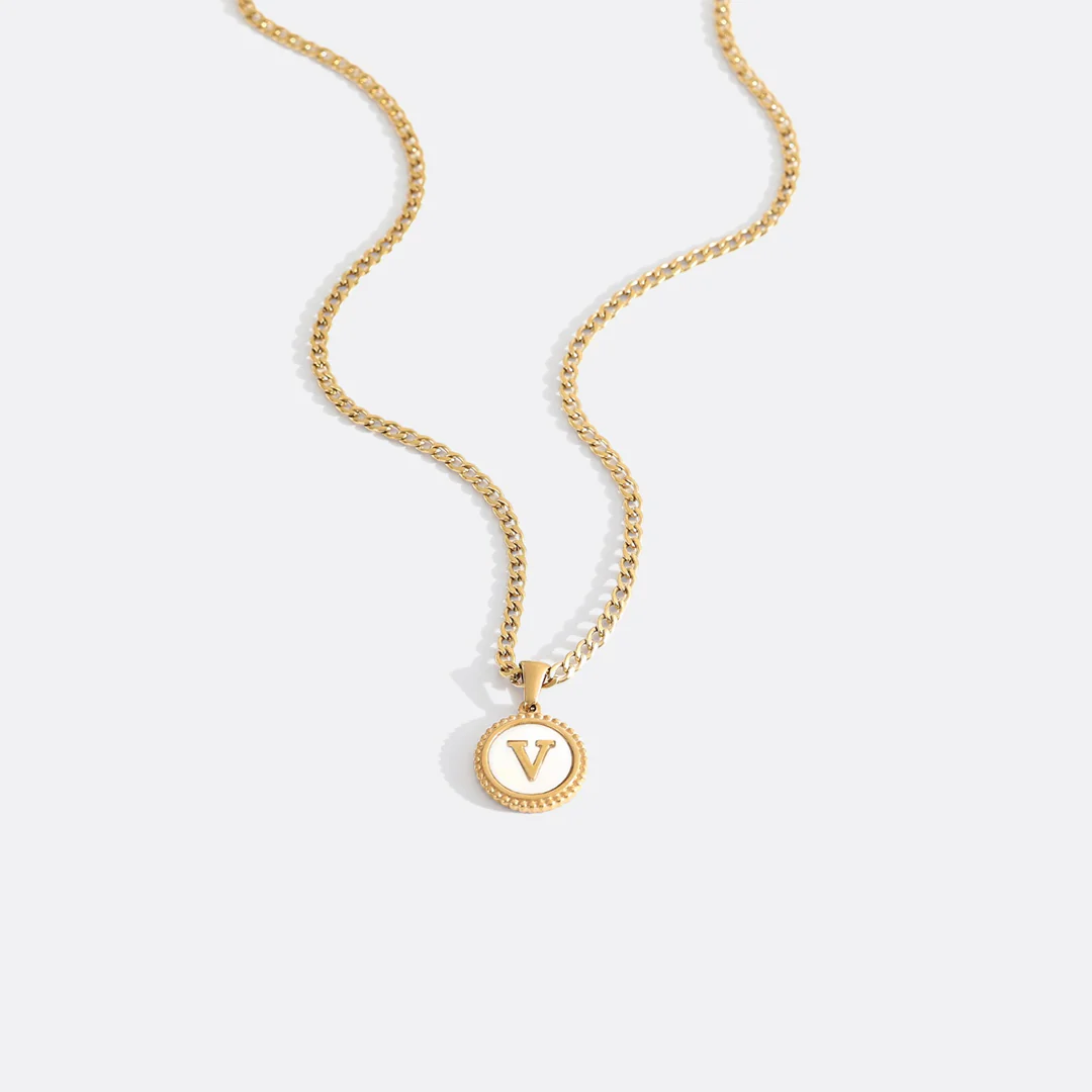 Mother of Pearl Disc Letter Necklace with Cuban Chain - Image 47