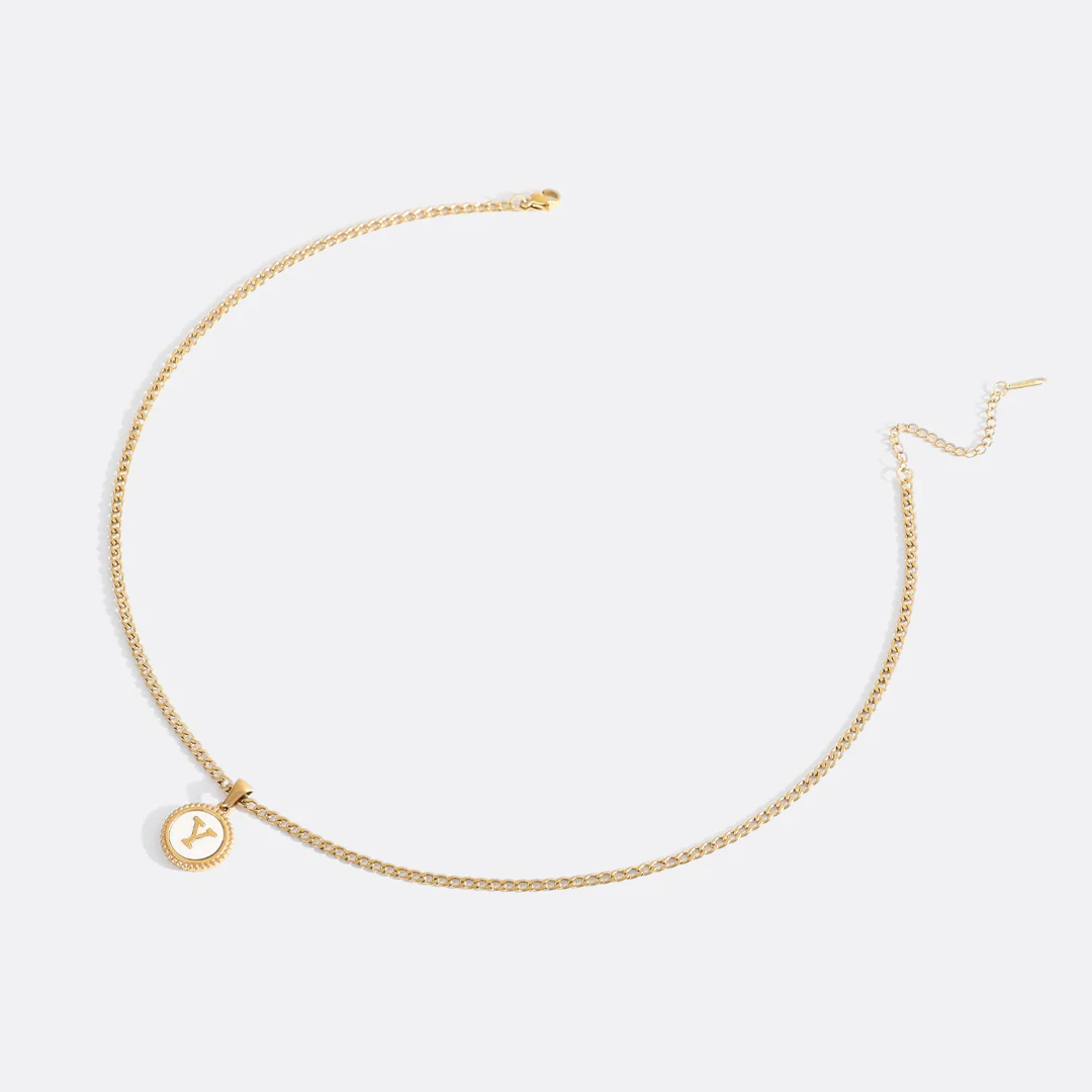 Mother of Pearl Disc Letter Necklace with Cuban Chain - Image 54