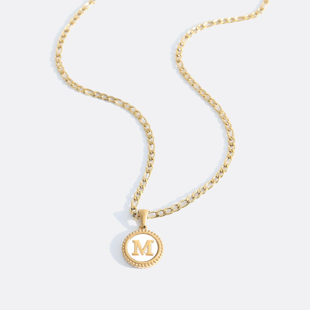 Mother of Pearl Disc Letter Necklace with Figaro Chain - Image 15