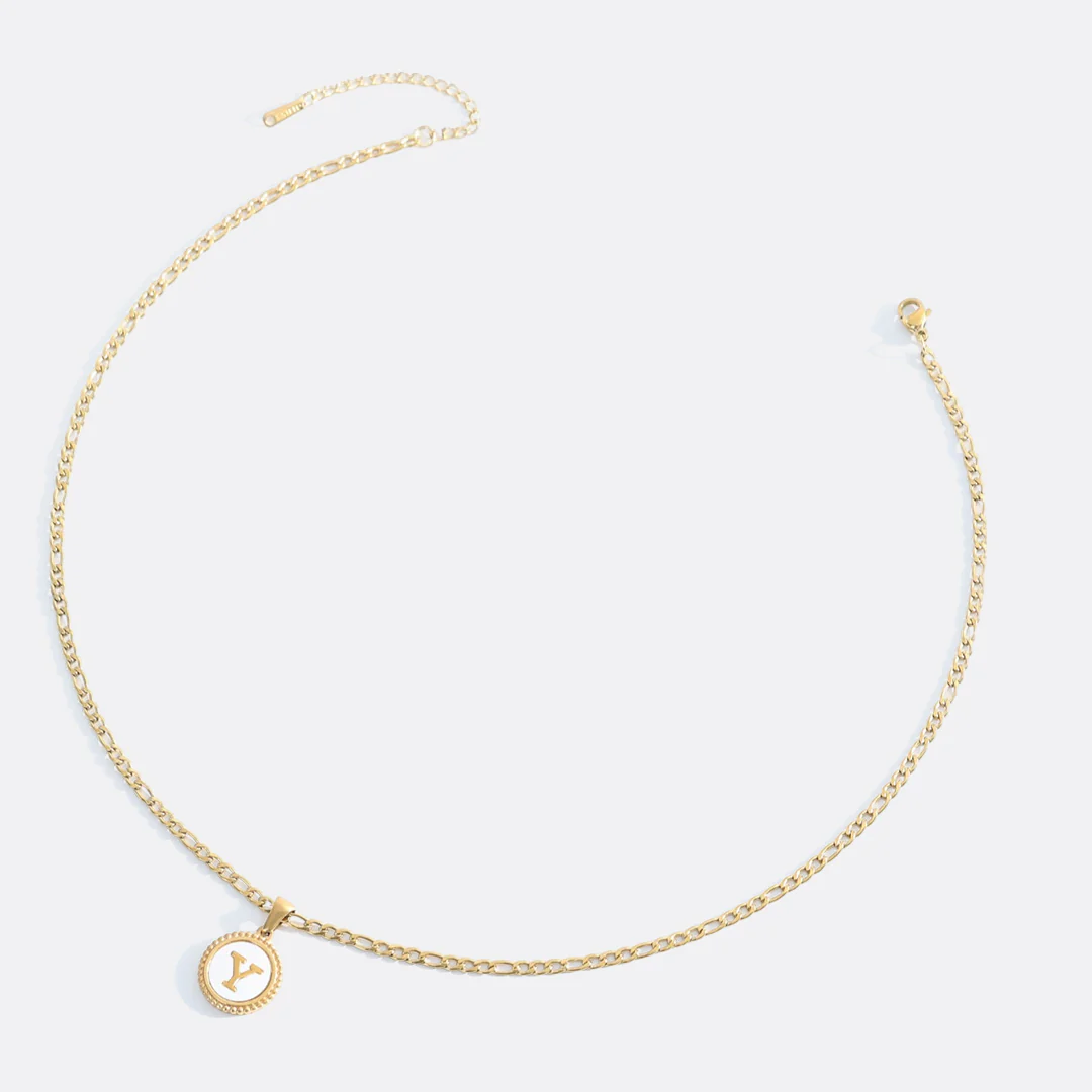 Mother of Pearl Disc Letter Necklace with Figaro Chain - Image 52