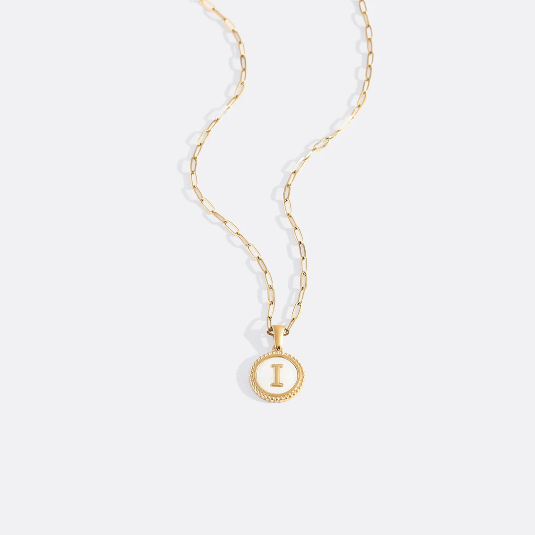 Mother of Pearl Disc Letter Necklace with Paperclip Chain - Image 13