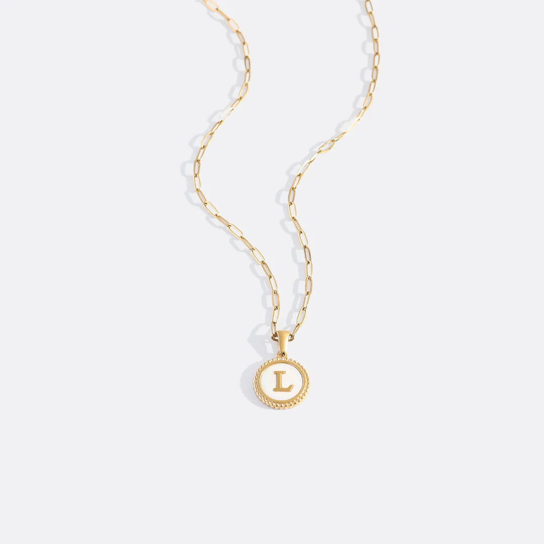 Mother of Pearl Disc Letter Necklace with Paperclip Chain - Image 16