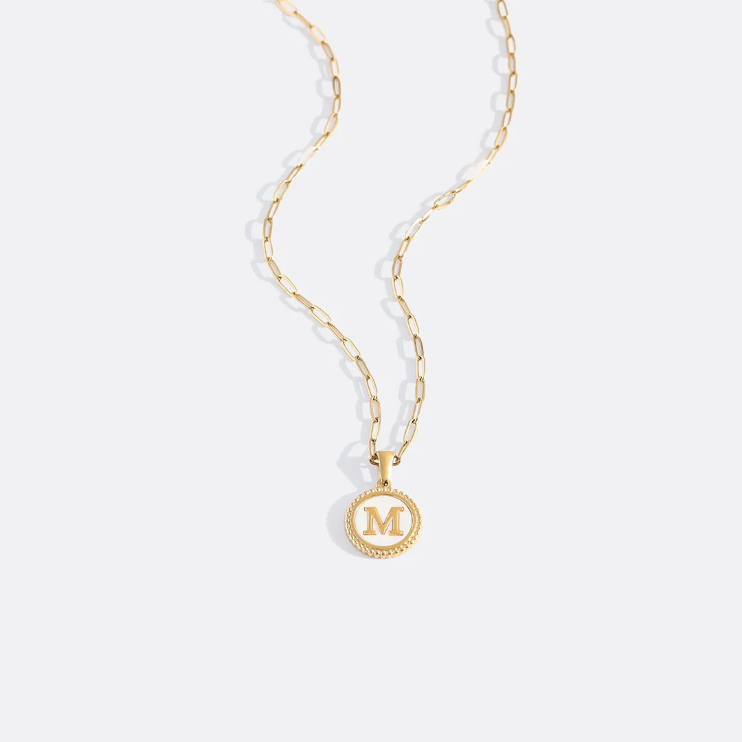 Mother of Pearl Disc Letter Necklace with Paperclip Chain - Image 17