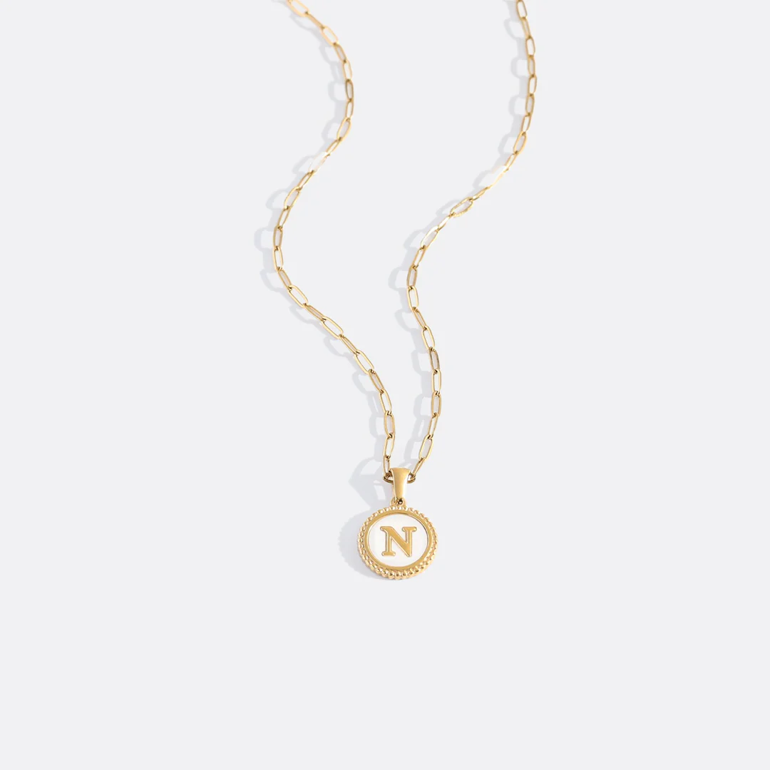 Mother of Pearl Disc Letter Necklace with Paperclip Chain - Image 18
