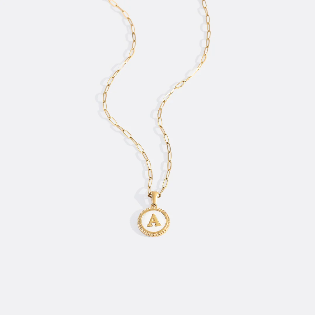 Mother of Pearl Disc Letter Necklace with Paperclip Chain - Image 2