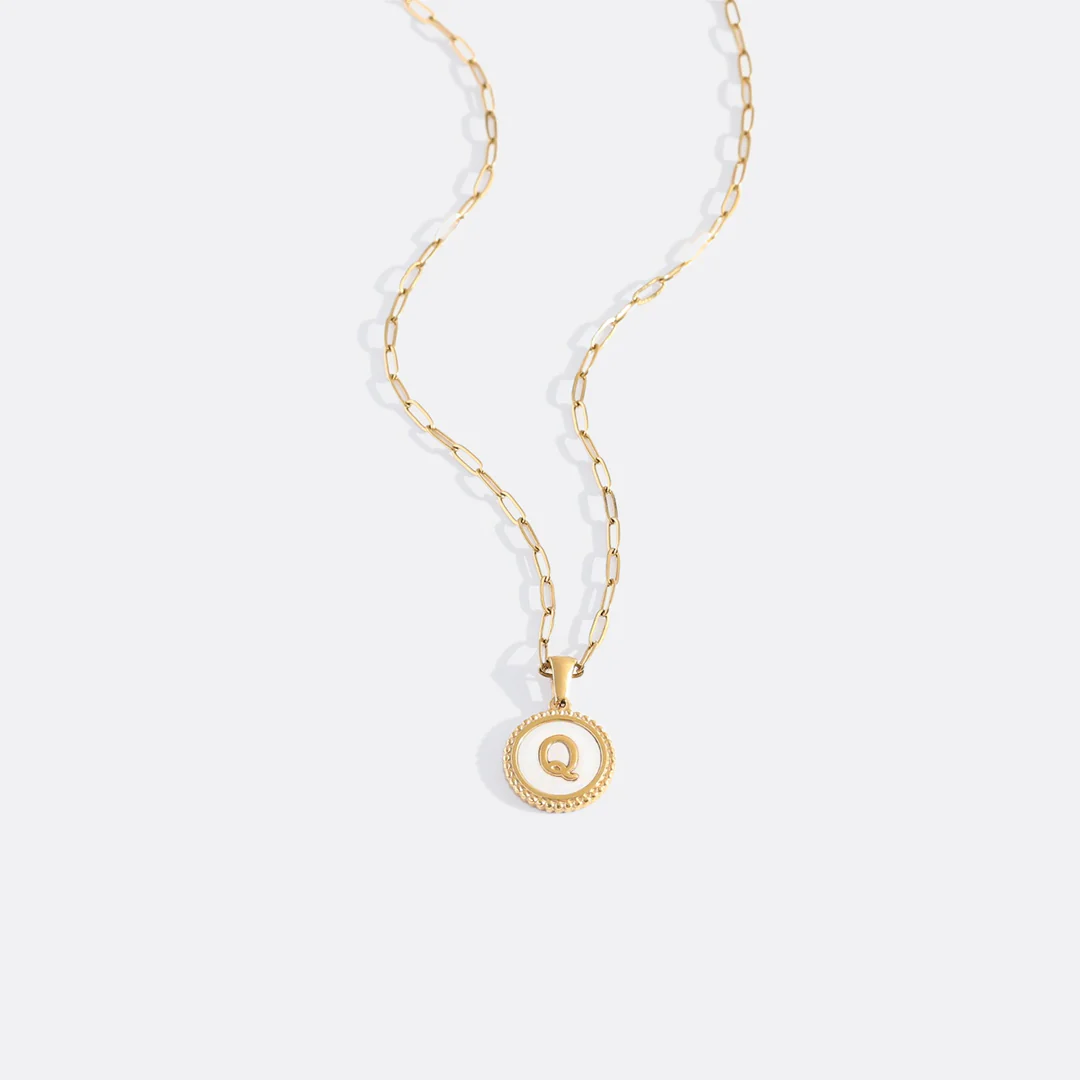 Mother of Pearl Disc Letter Necklace with Paperclip Chain - Image 21