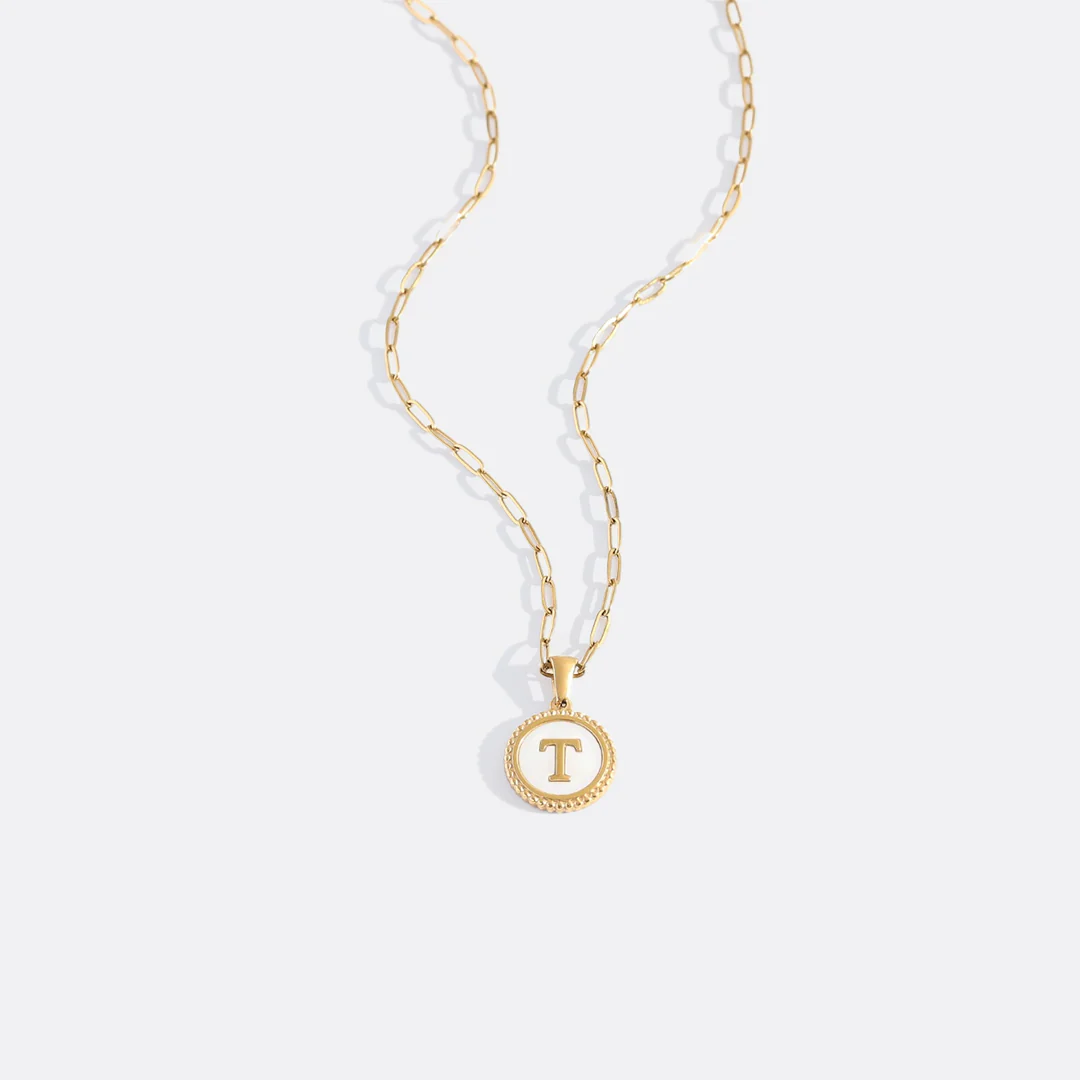 Mother of Pearl Disc Letter Necklace with Paperclip Chain - Image 24