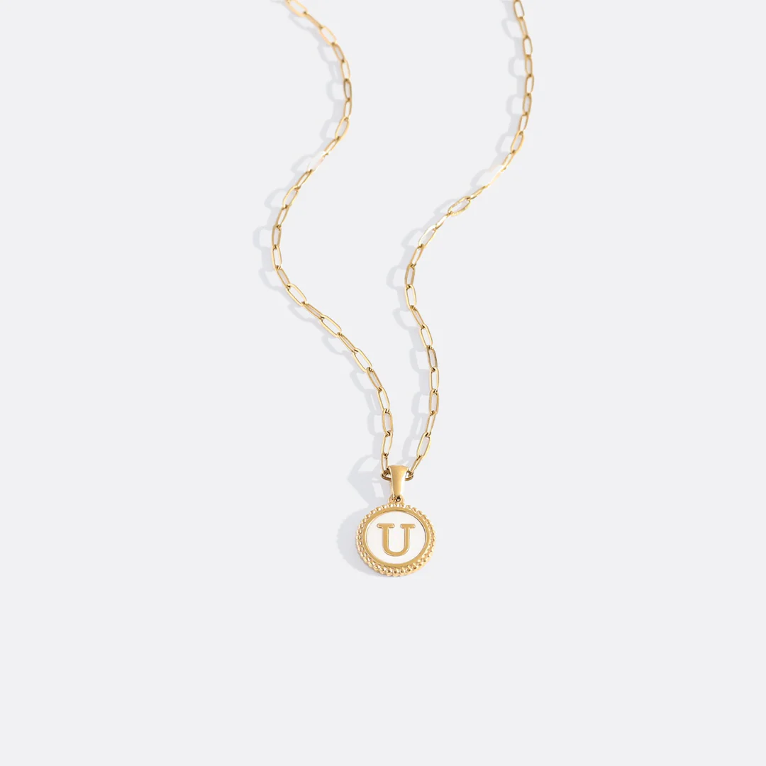 Mother of Pearl Disc Letter Necklace with Paperclip Chain - Image 25