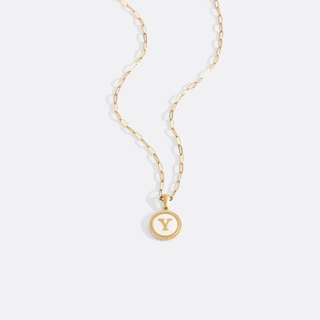 Mother of Pearl Disc Letter Necklace with Paperclip Chain - Image 29