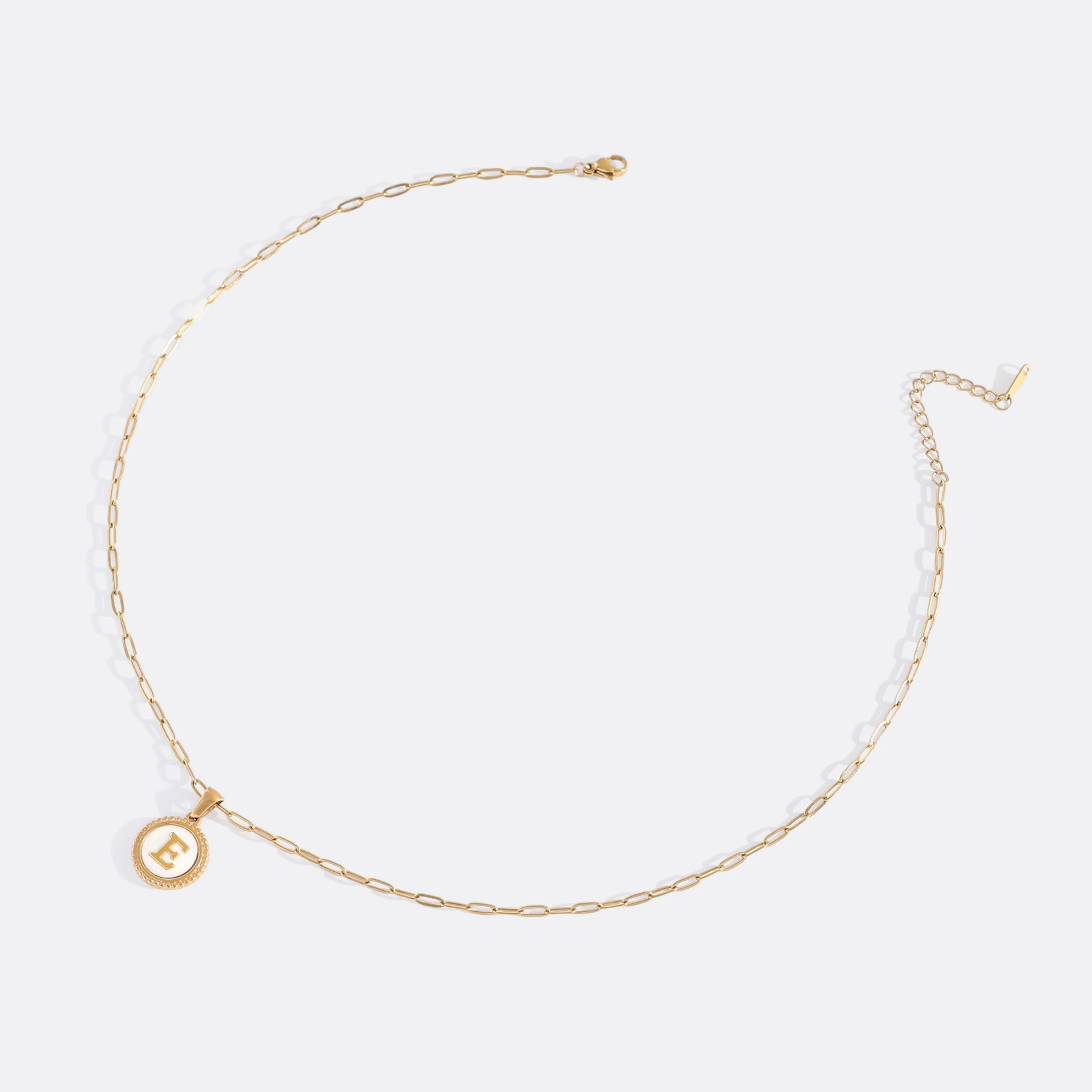 Mother of Pearl Disc Letter Necklace with Paperclip Chain - Image 35