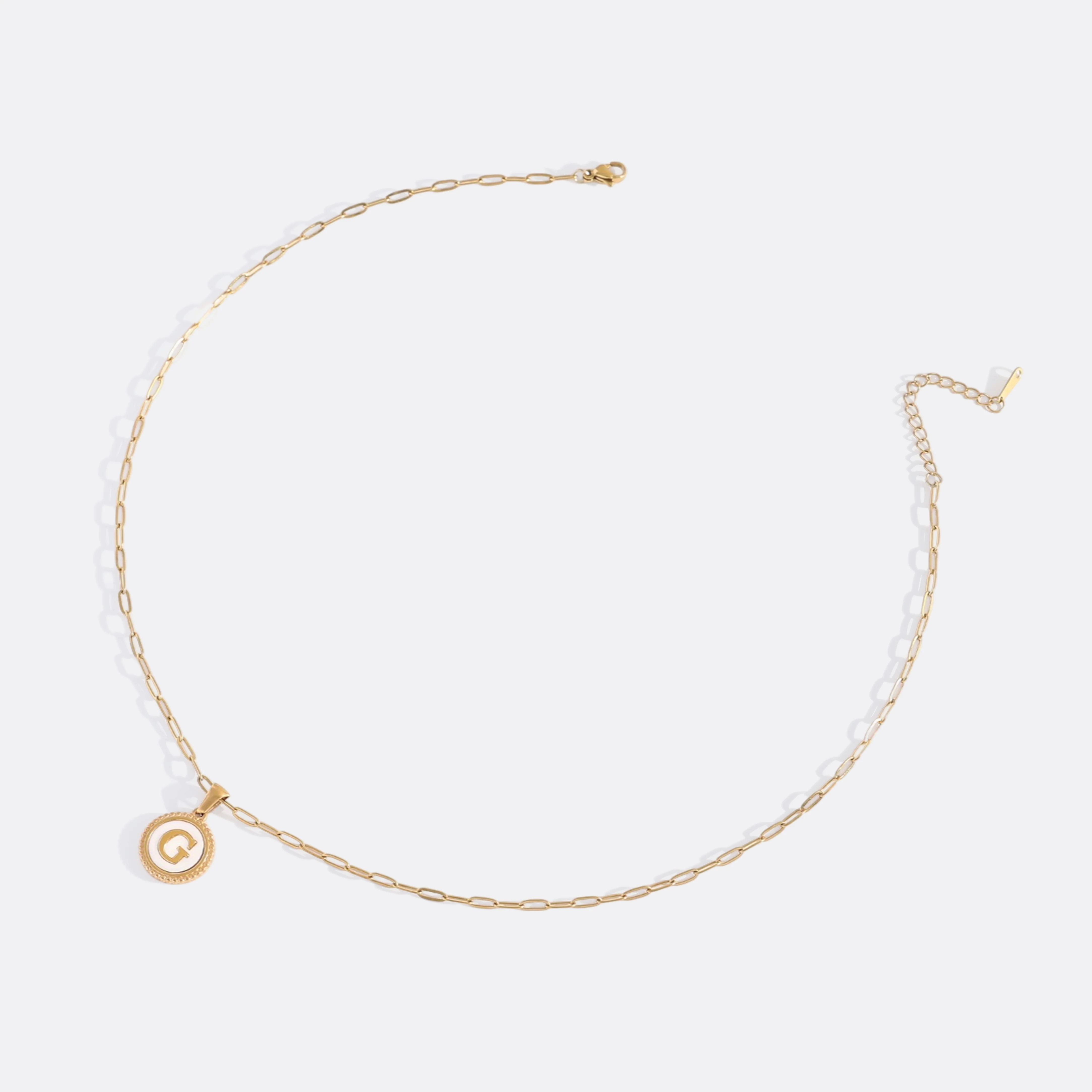Mother of Pearl Disc Letter Necklace with Paperclip Chain - Image 37