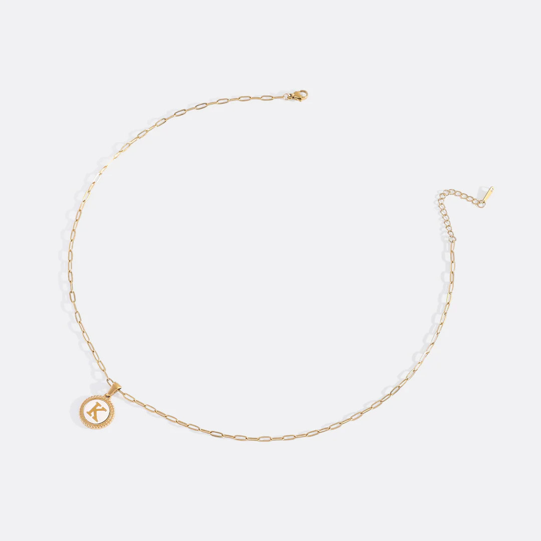 Mother of Pearl Disc Letter Necklace with Paperclip Chain - Image 41