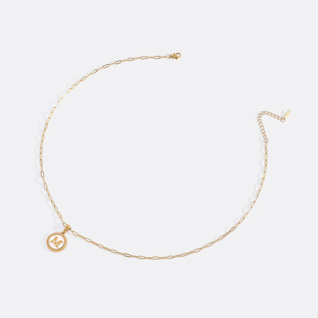 Mother of Pearl Disc Letter Necklace with Paperclip Chain - Image 43