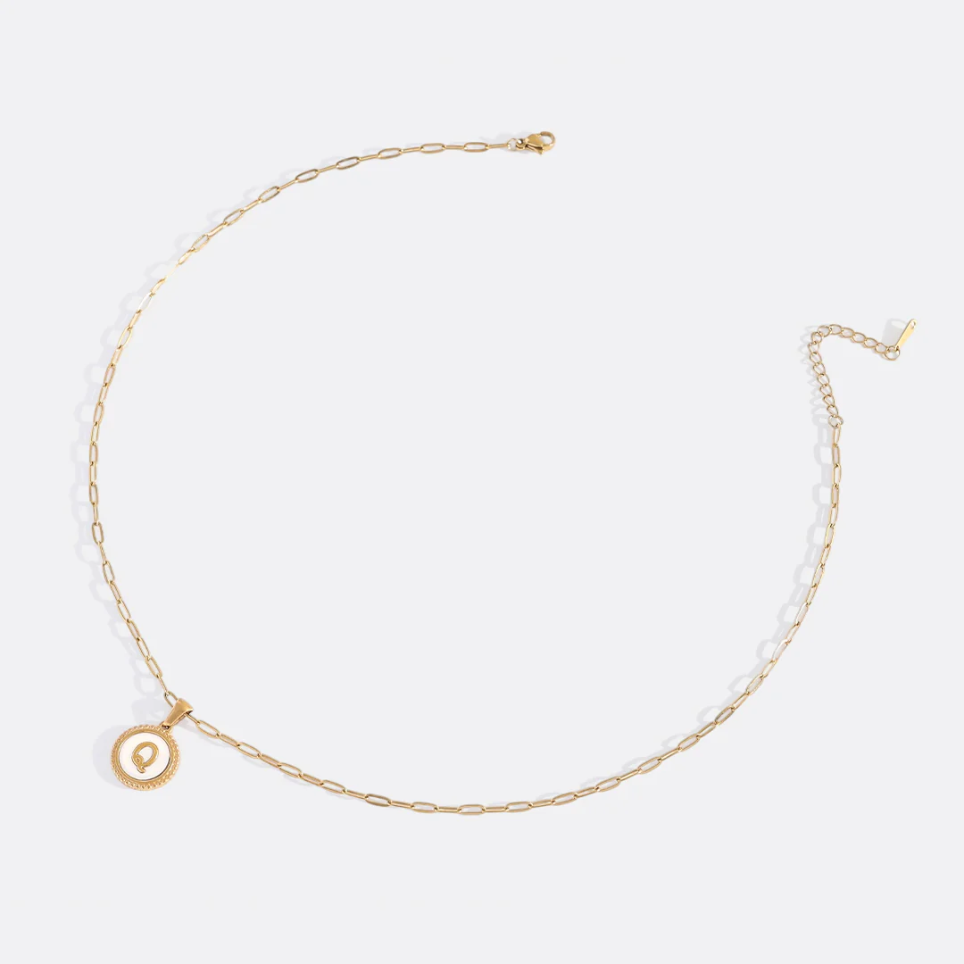 Mother of Pearl Disc Letter Necklace with Paperclip Chain - Image 47