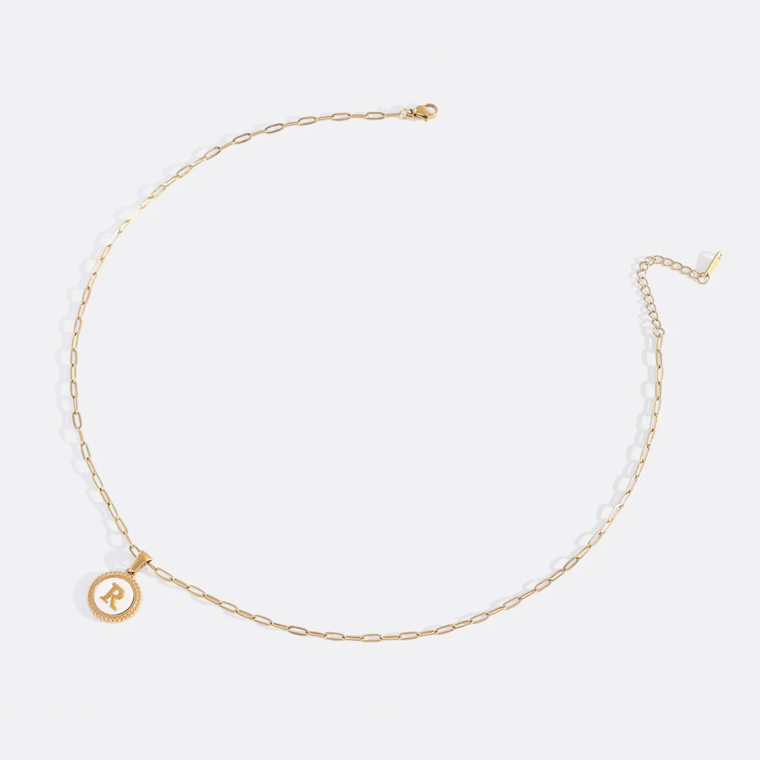 Mother of Pearl Disc Letter Necklace with Paperclip Chain - Image 48