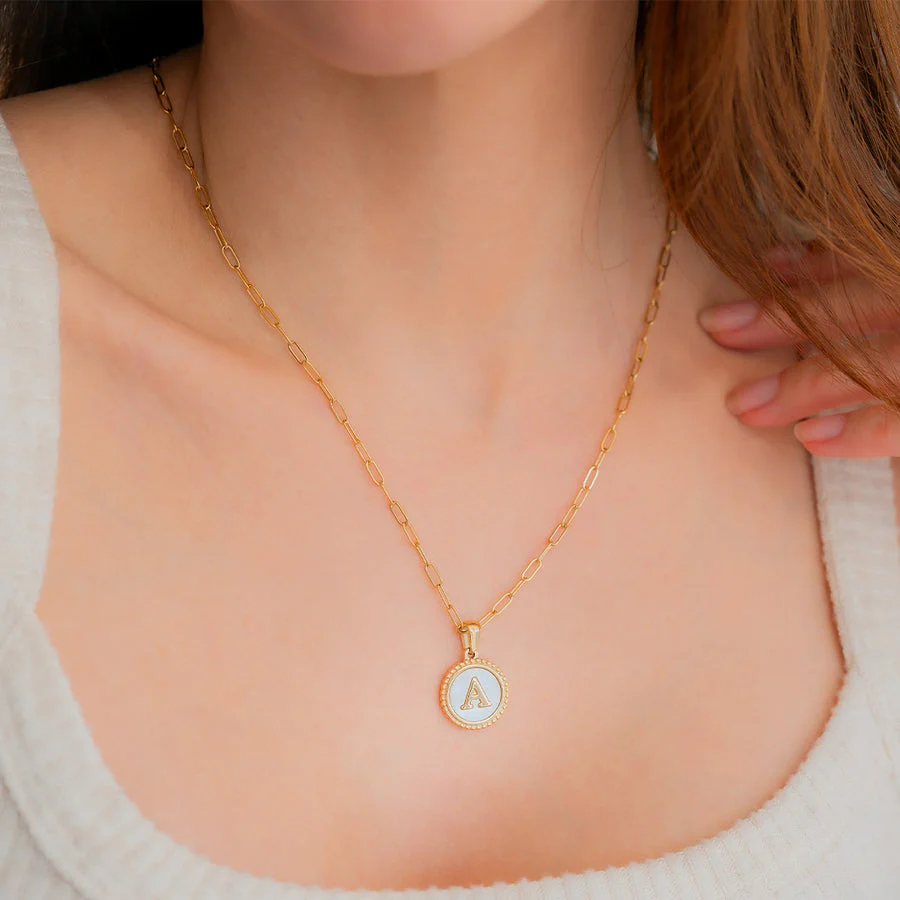 Mother of Pearl Disc Letter Necklace with Paperclip Chain - Image 5