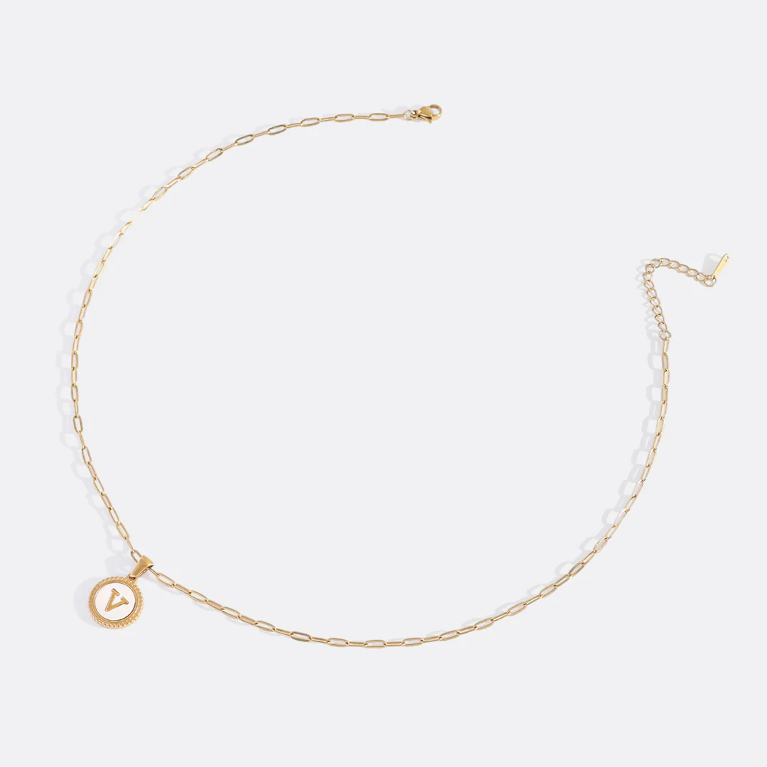 Mother of Pearl Disc Letter Necklace with Paperclip Chain - Image 52