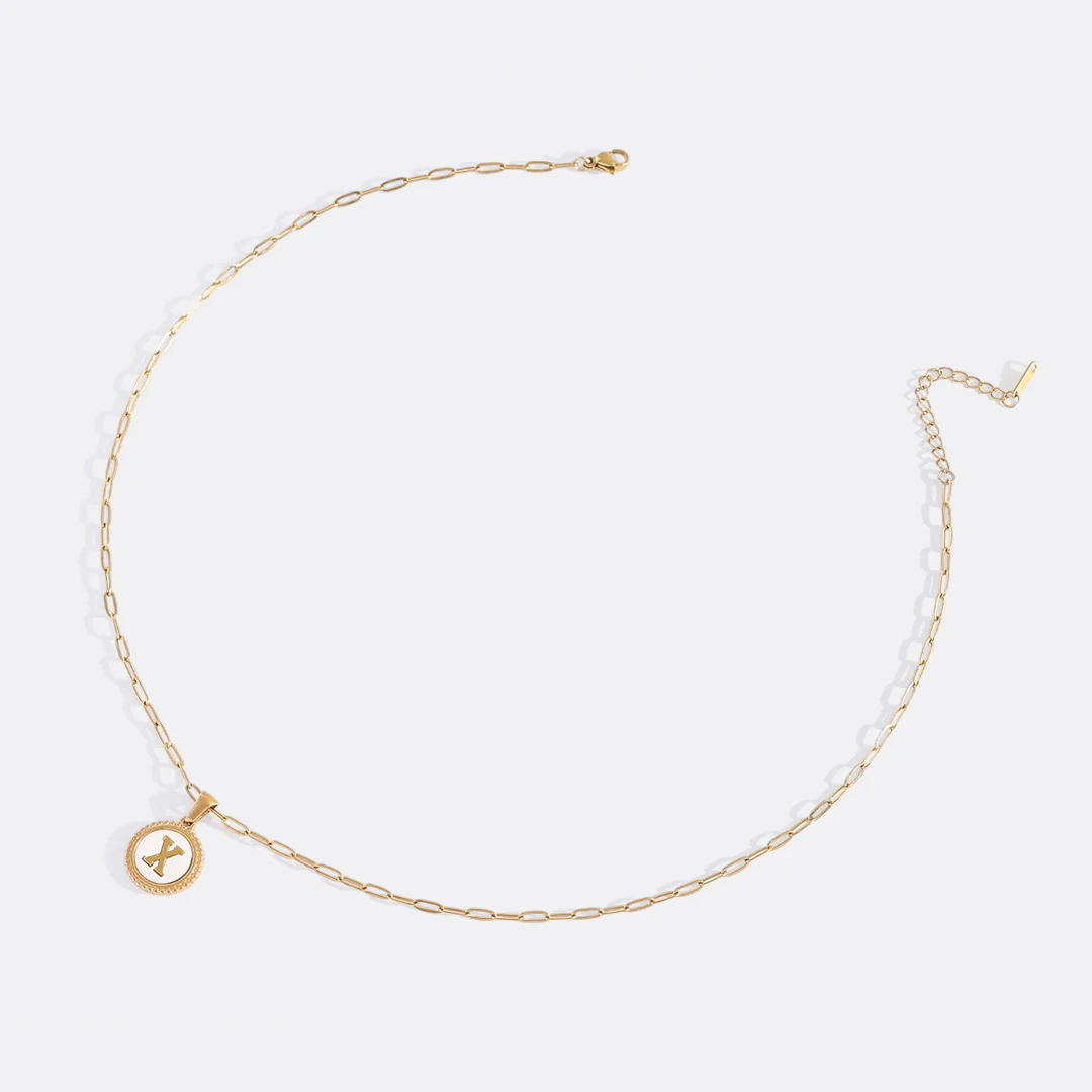 Mother of Pearl Disc Letter Necklace with Paperclip Chain - Image 54