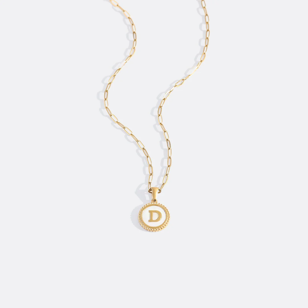 Mother of Pearl Disc Letter Necklace with Paperclip Chain - Image 8