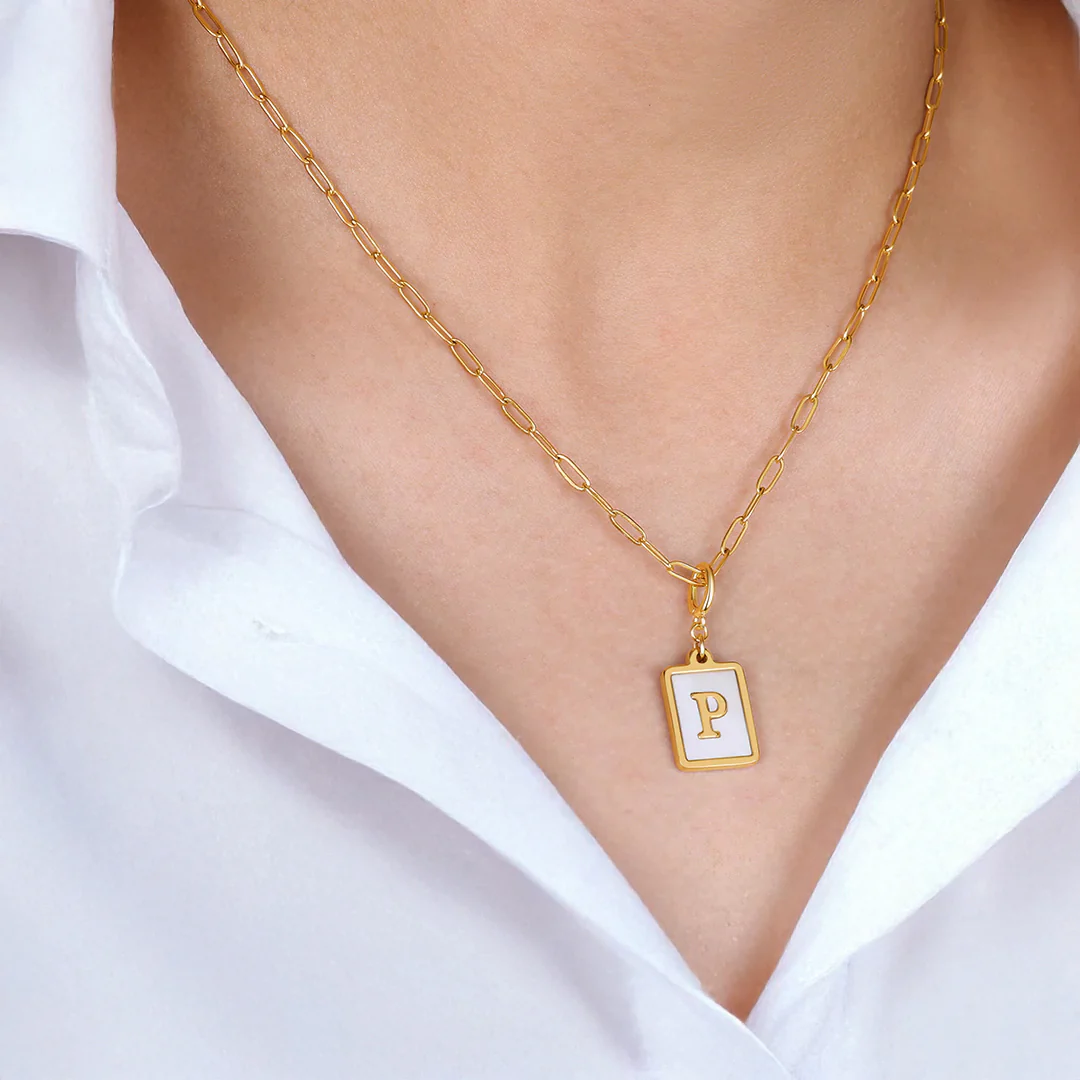 Mother of Pearl Card Initial Necklace | Paperclip Chain - Image 3