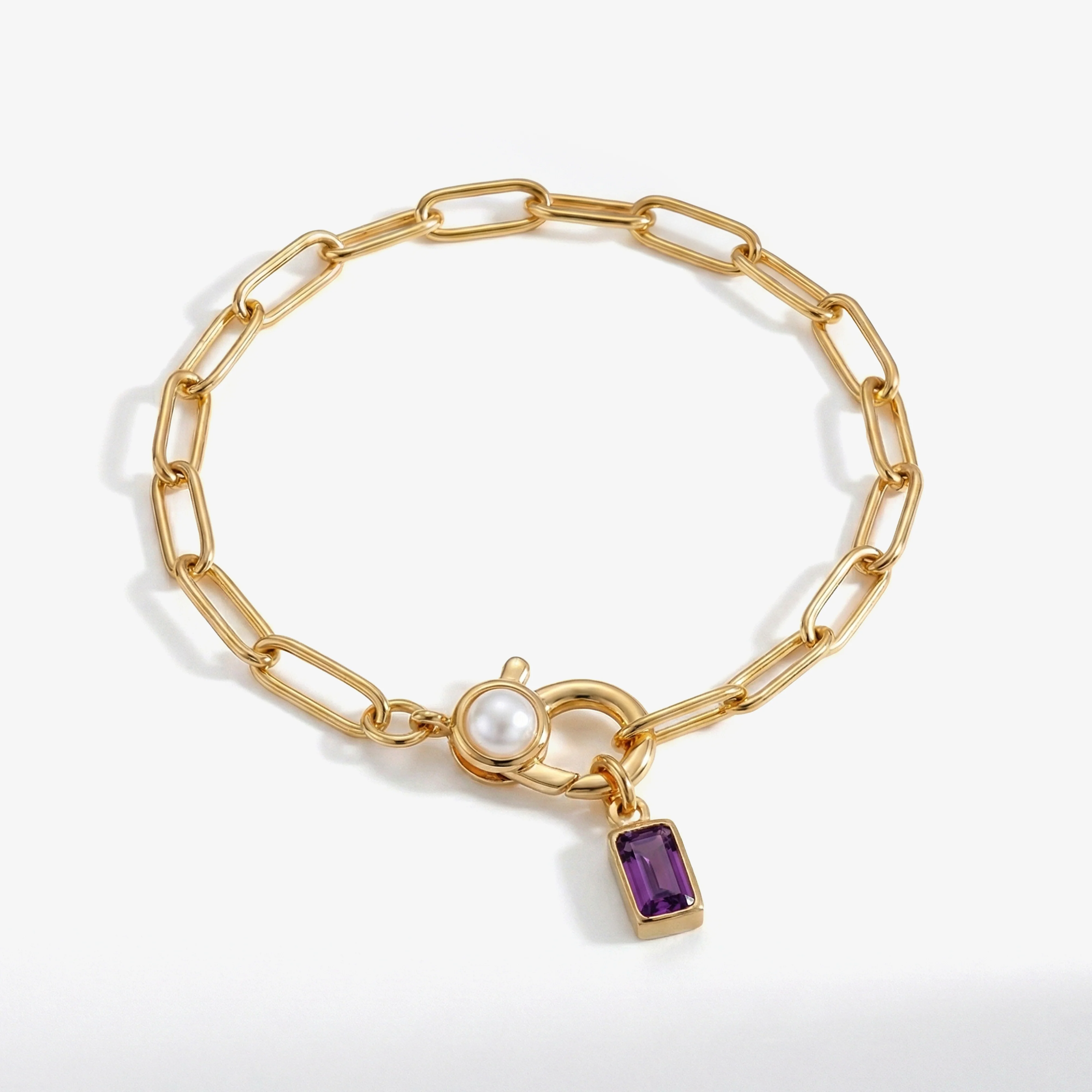 Paperclip Bracelet with Pearl Accent with Dainty Baguette Birthstone Charm - Image 12