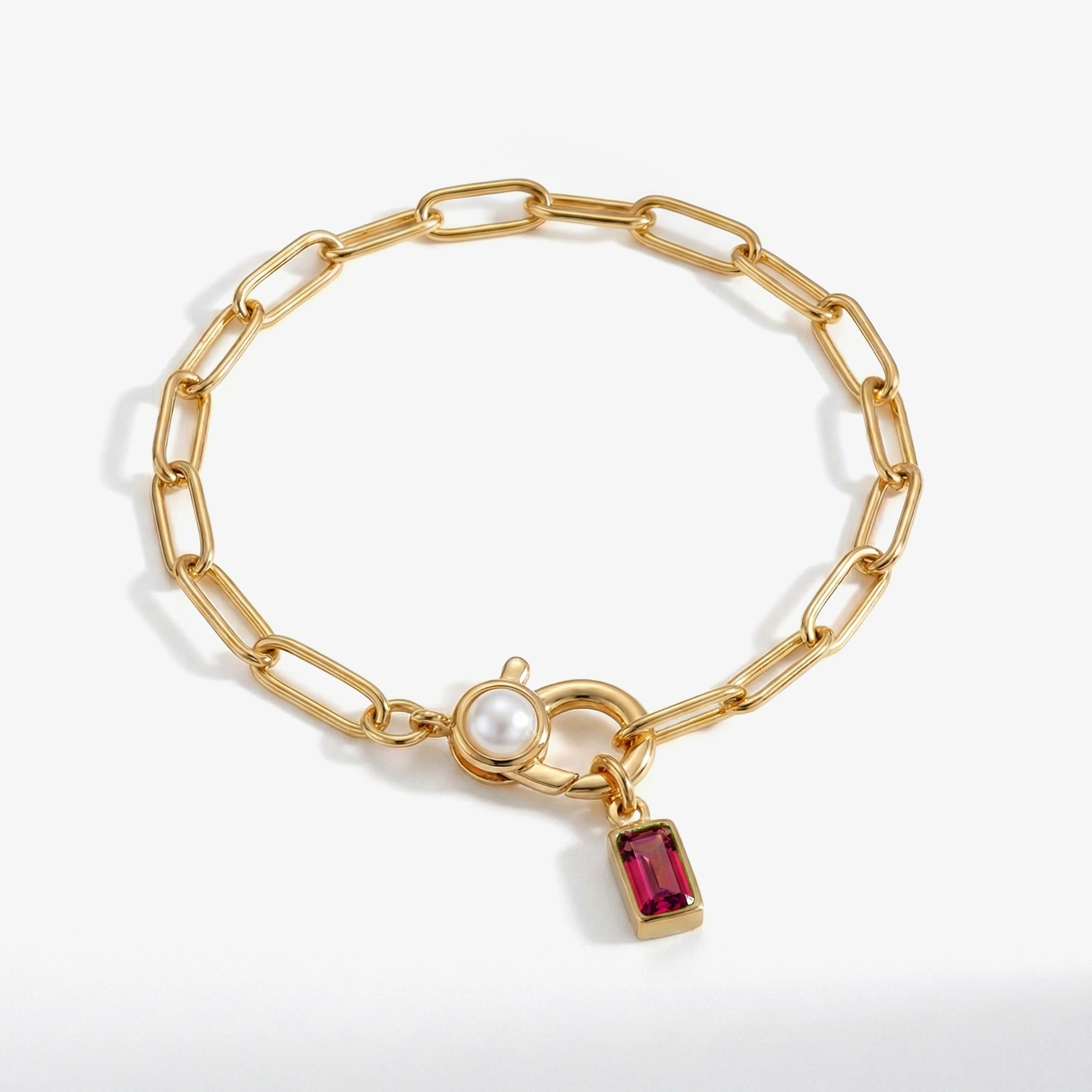 Paperclip Bracelet with Pearl Accent with Dainty Baguette Birthstone Charm - Image 13