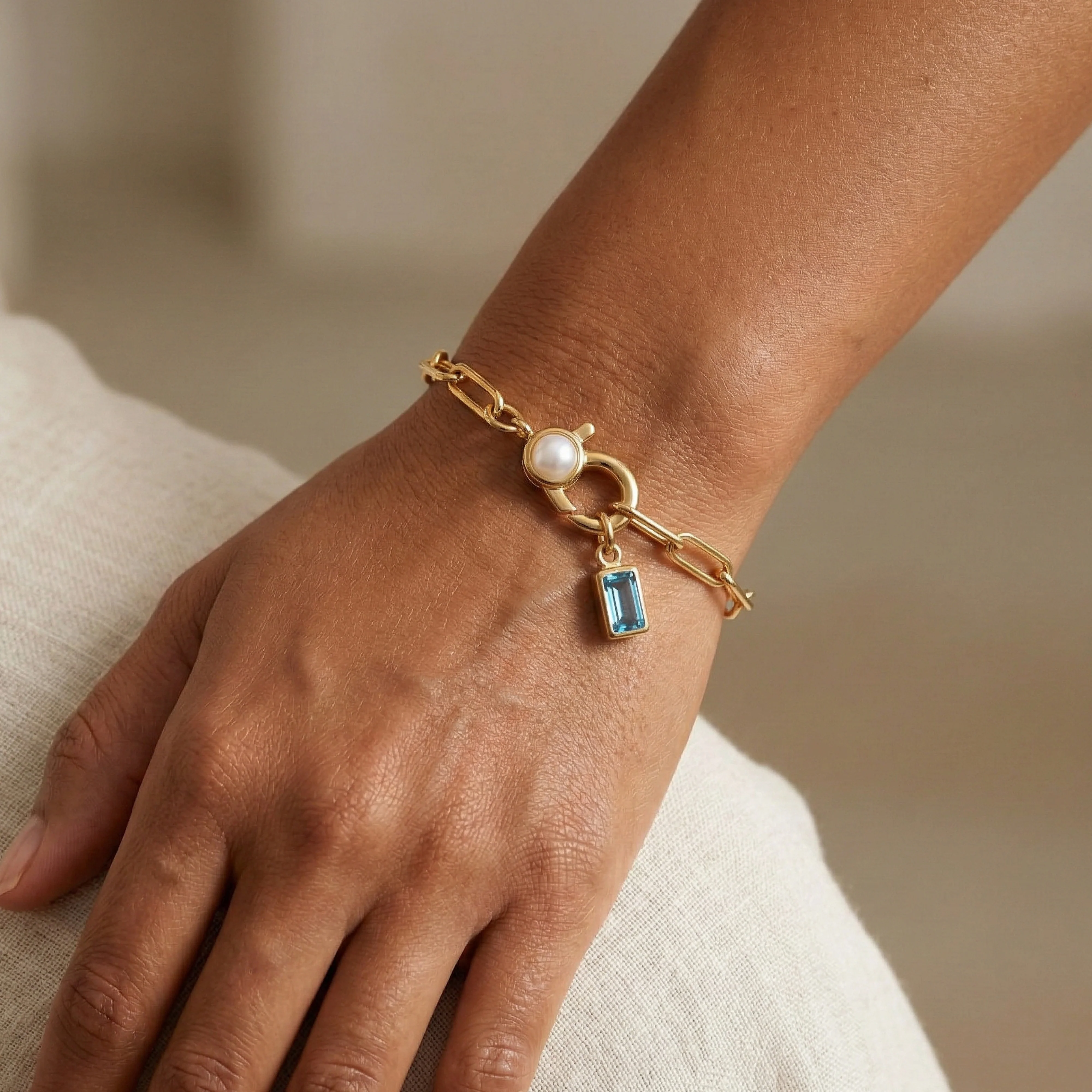 Paperclip Bracelet with Pearl Accent with Dainty Baguette Birthstone Charm - Image 14