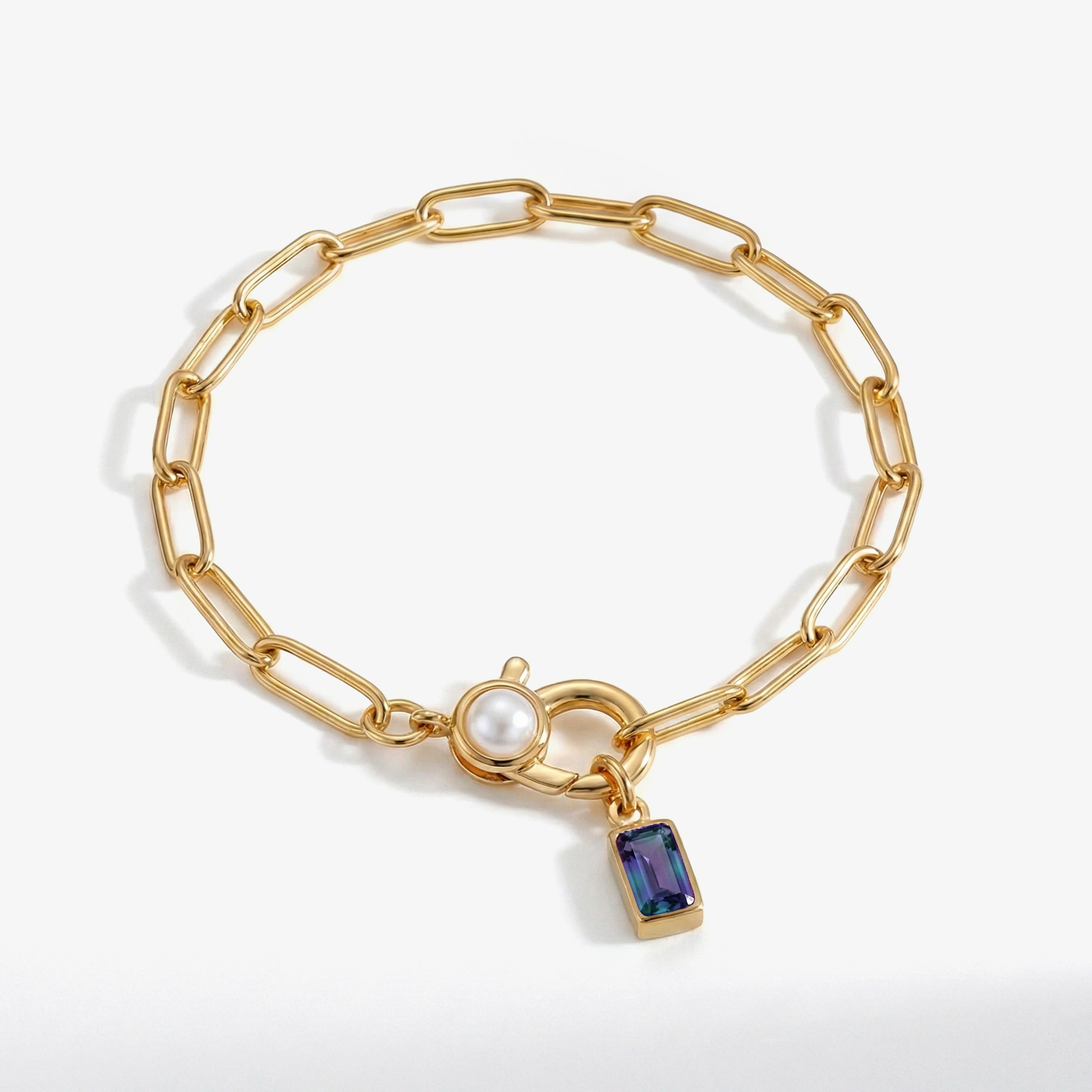 Paperclip Bracelet with Pearl Accent with Dainty Baguette Birthstone Charm - Image 3