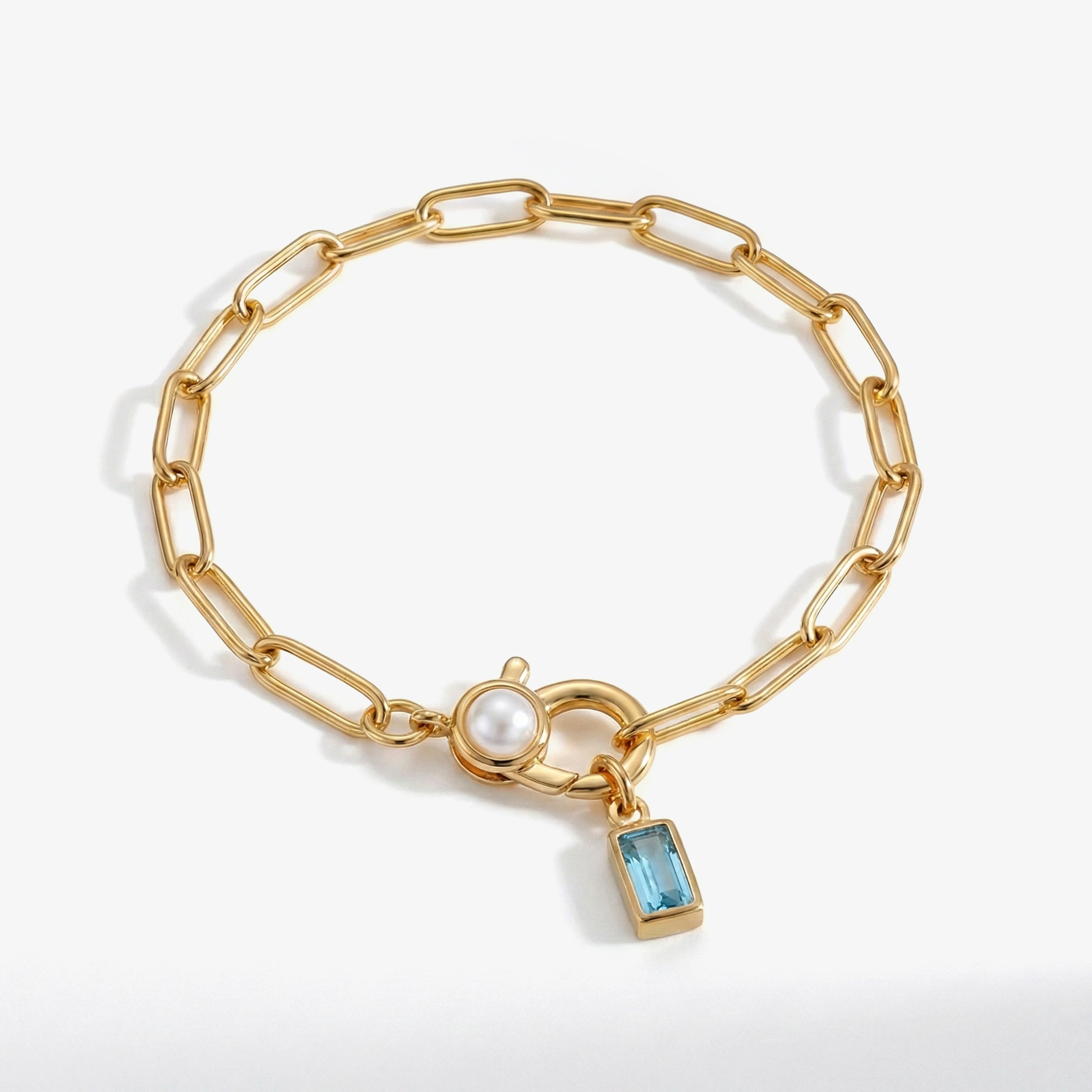 Paperclip Bracelet with Pearl Accent with Dainty Baguette Birthstone Charm - Image 4