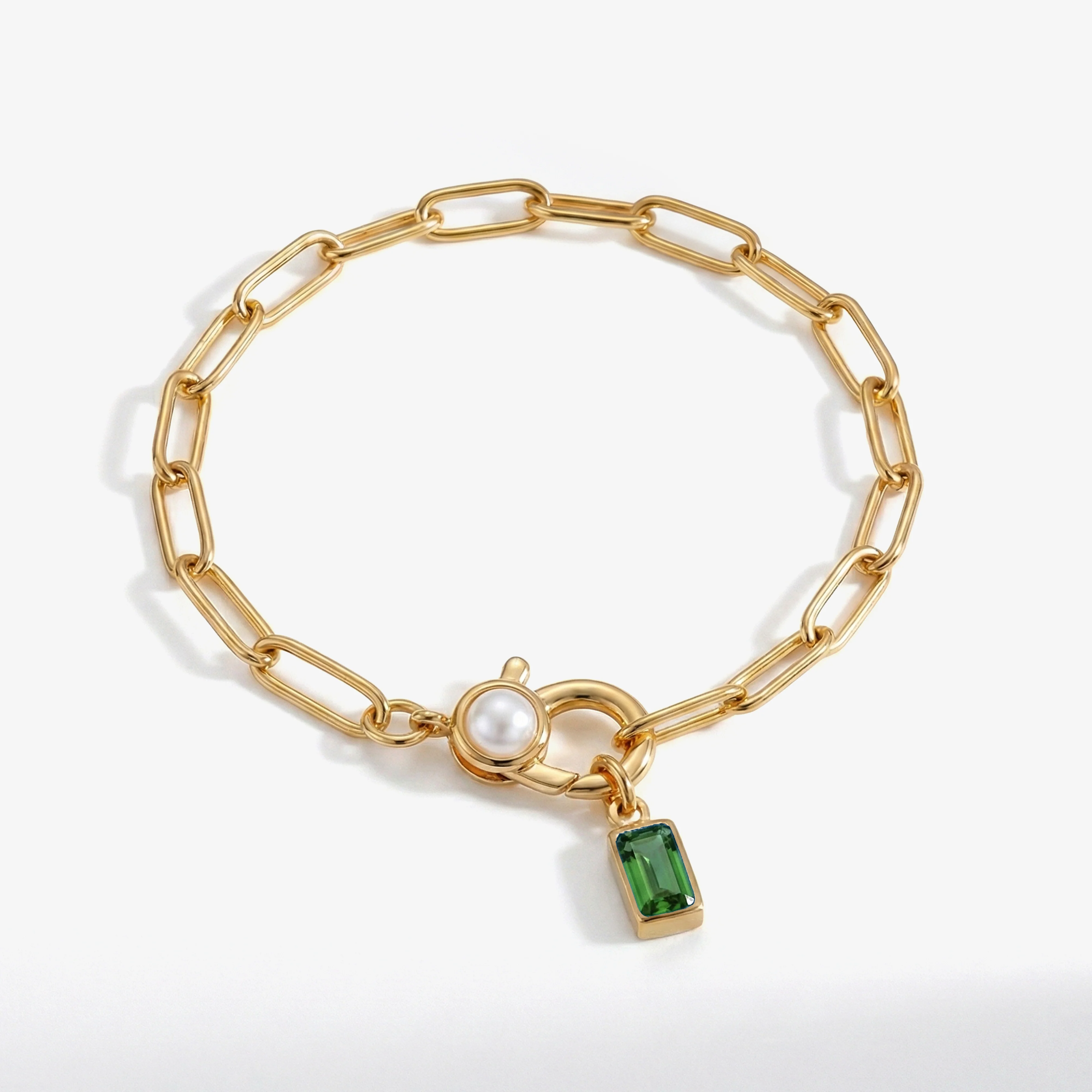 Paperclip Bracelet with Pearl Accent with Dainty Baguette Birthstone Charm - Image 5