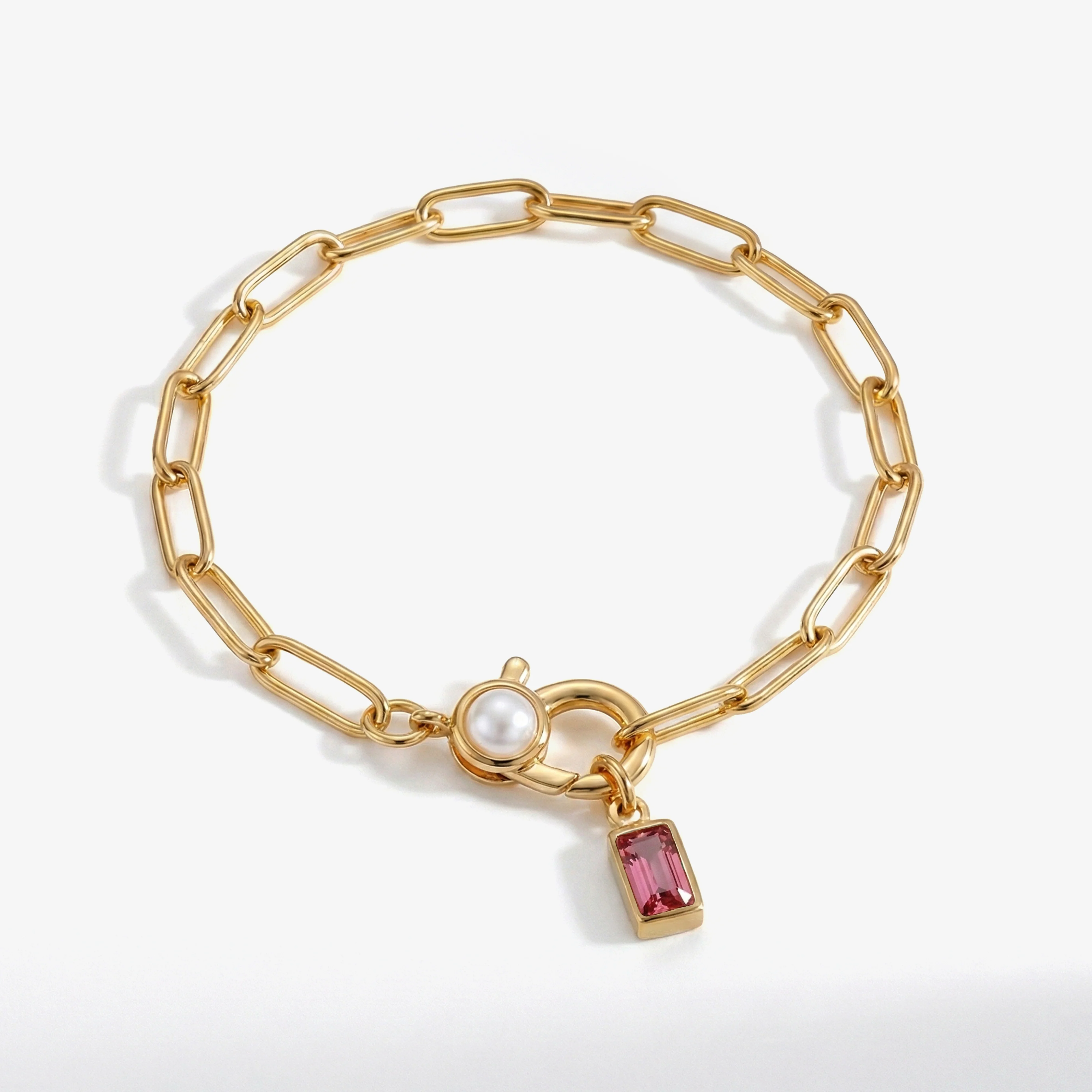 Paperclip Bracelet with Pearl Accent with Dainty Baguette Birthstone Charm - Image 6