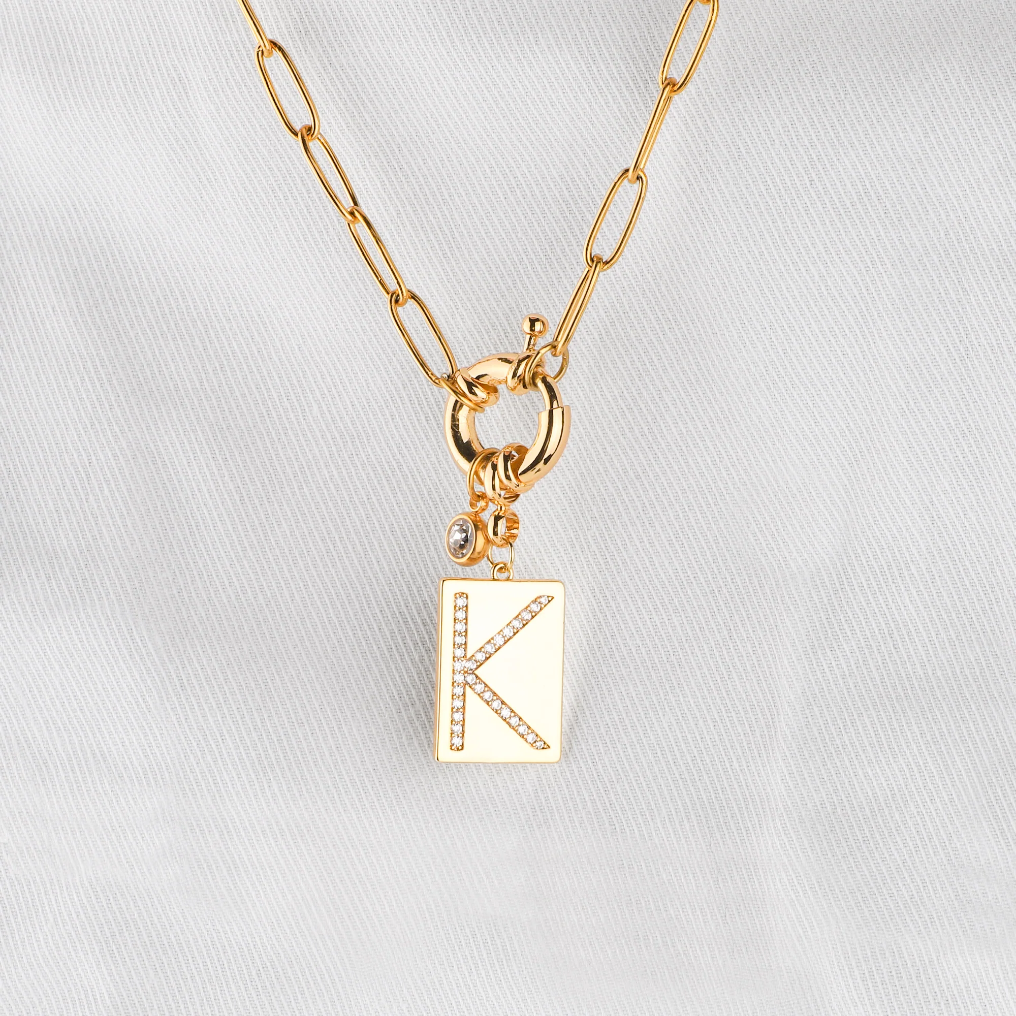 Pave Initial Pendant Necklace with Paperclip Chain - Image 14
