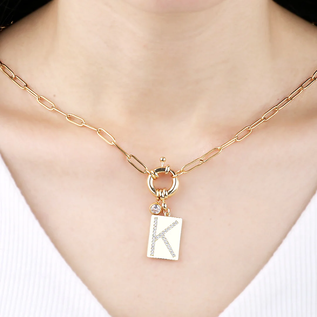 Pave Initial Pendant Necklace with Paperclip Chain - Image 21