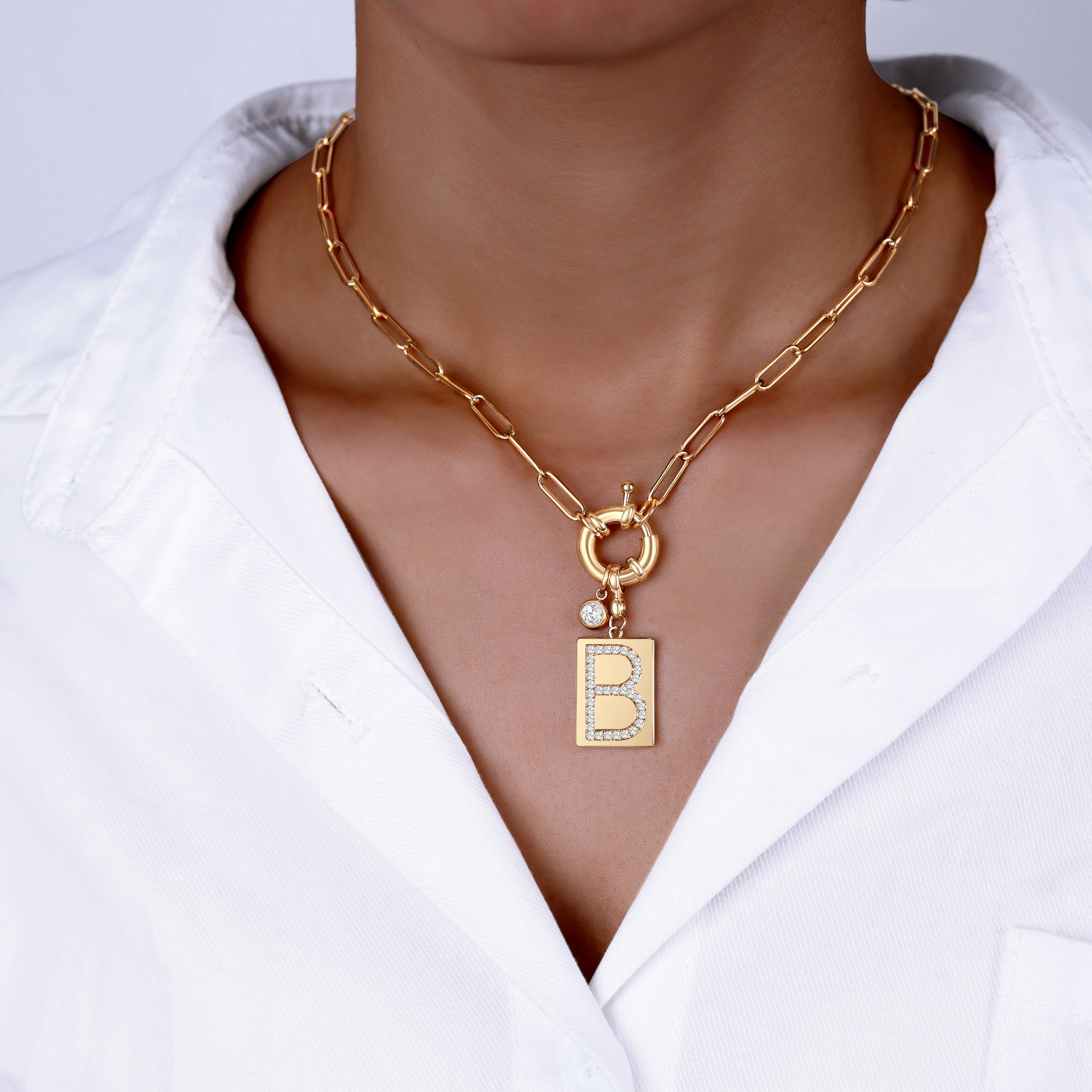 Pave Initial Pendant Necklace with Paperclip Chain - Image 24