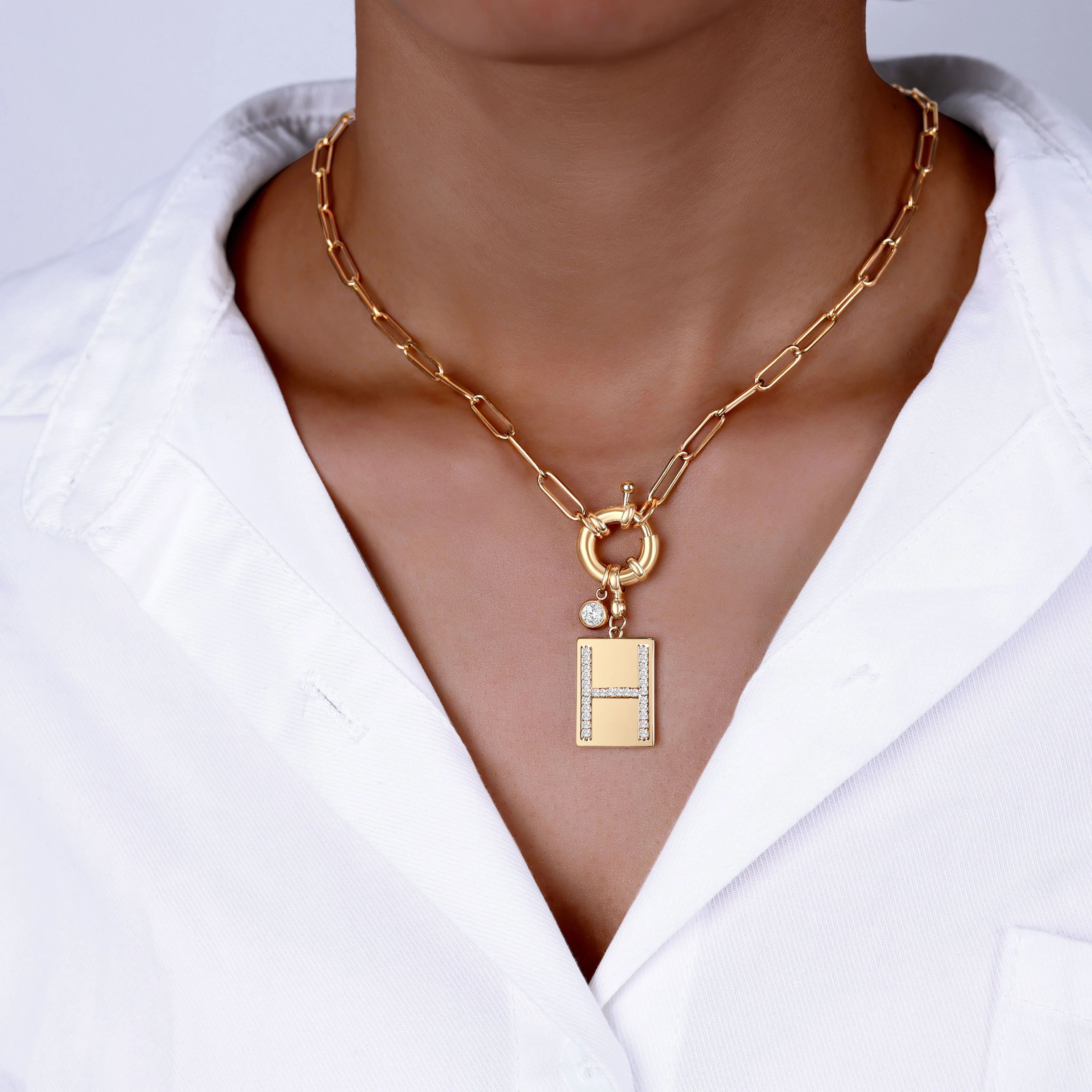 Pave Initial Pendant Necklace with Paperclip Chain - Image 30