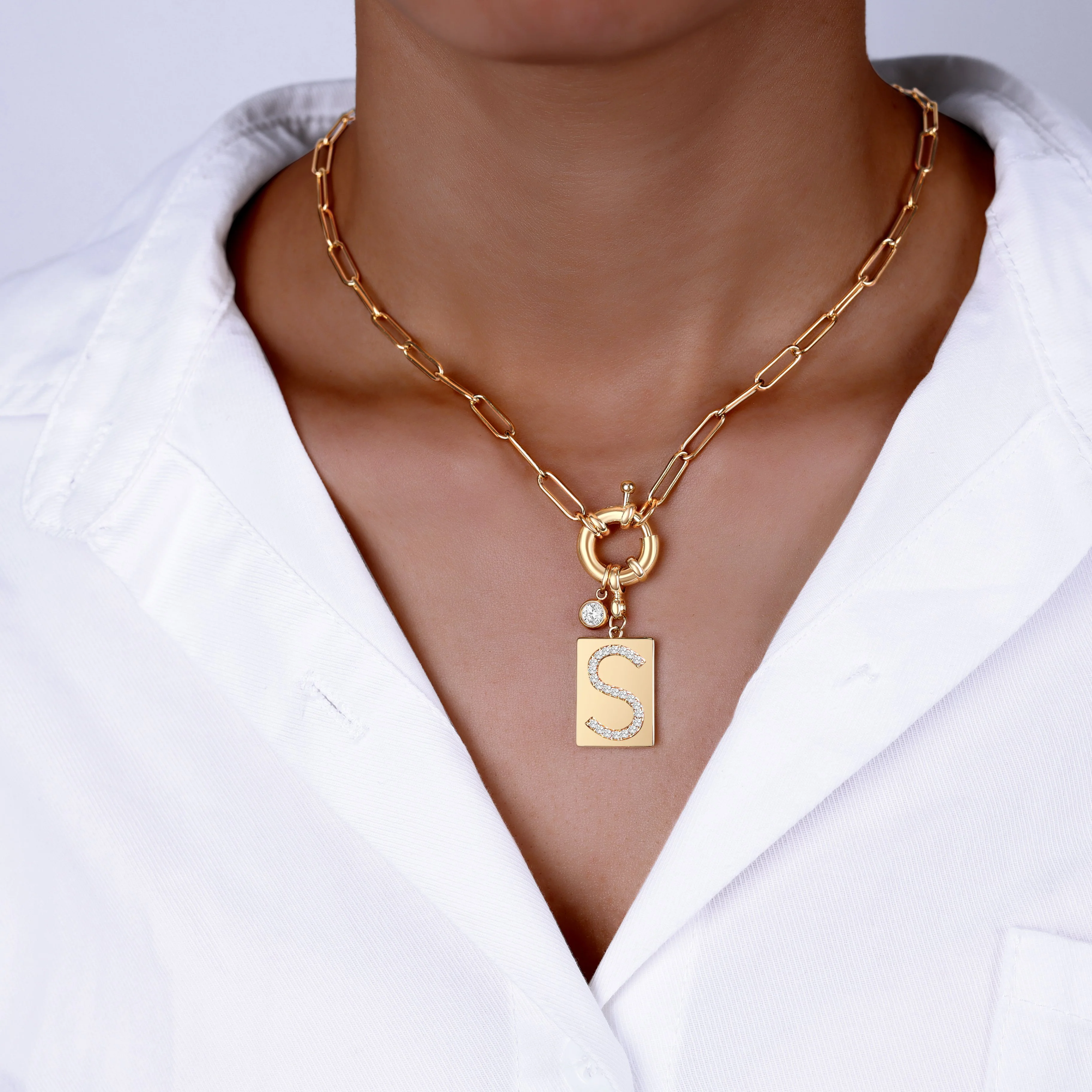 Pave Initial Pendant Necklace with Paperclip Chain - Image 41