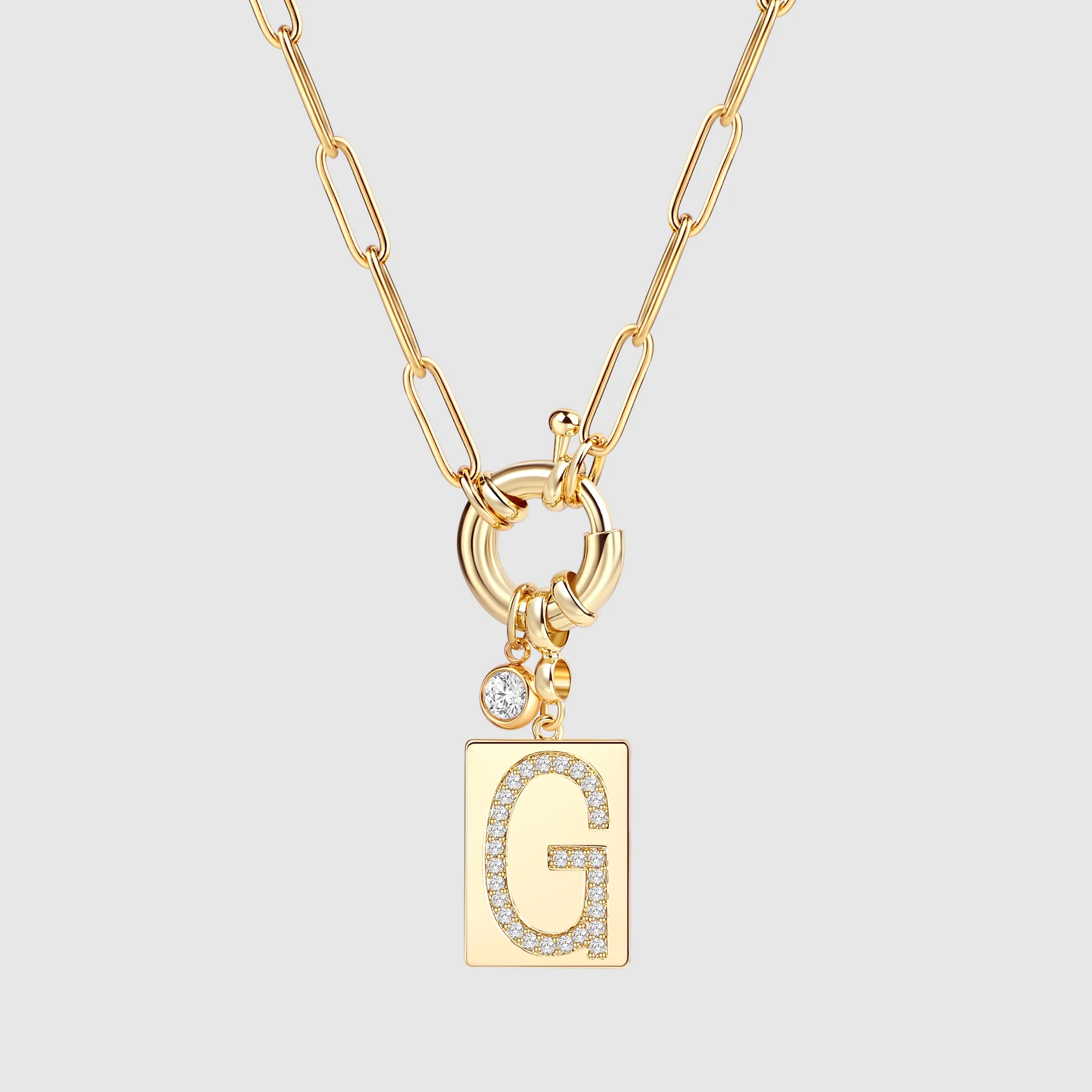 Pave Initial Pendant Necklace with Paperclip Chain - Image 55