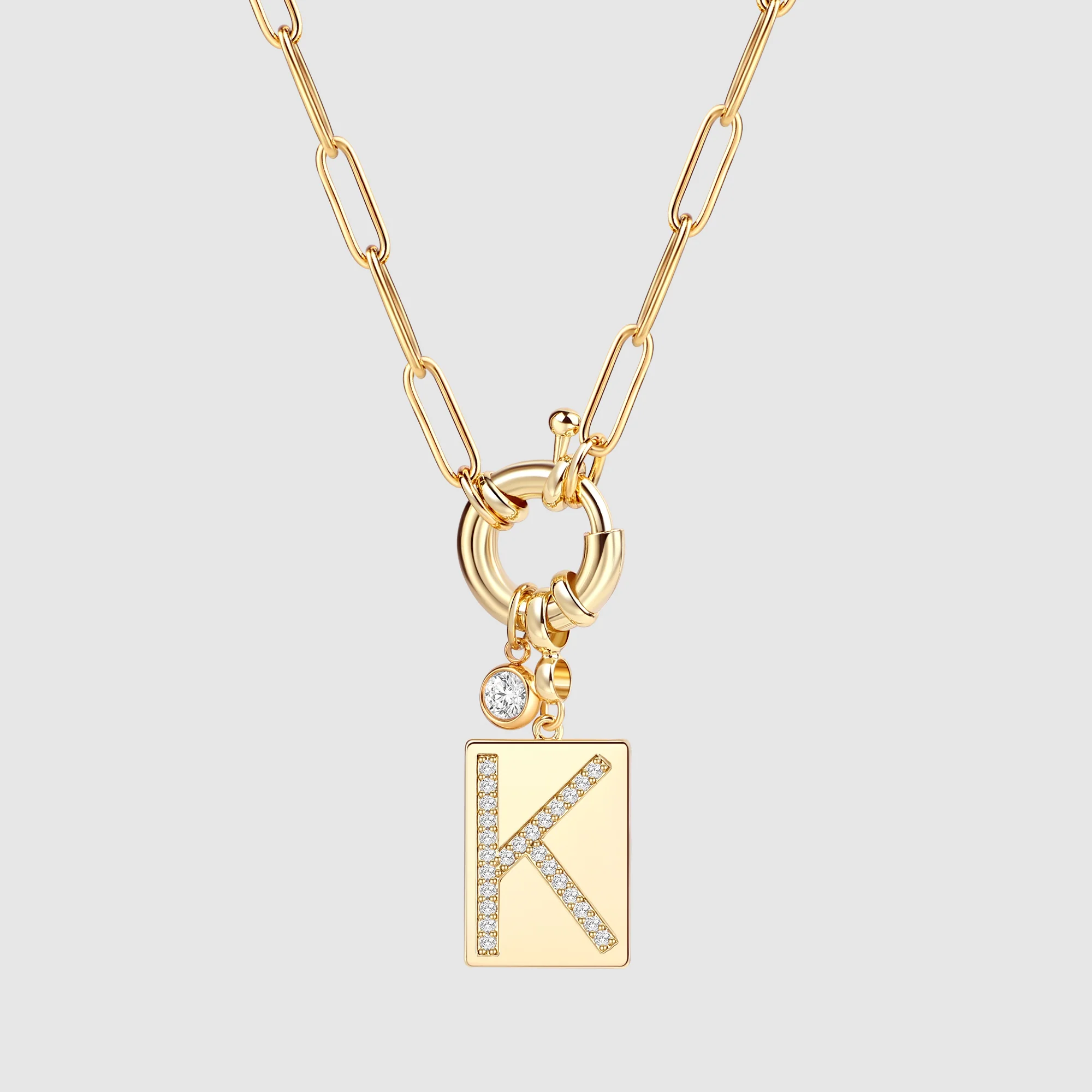 Pave Initial Pendant Necklace with Paperclip Chain - Image 59