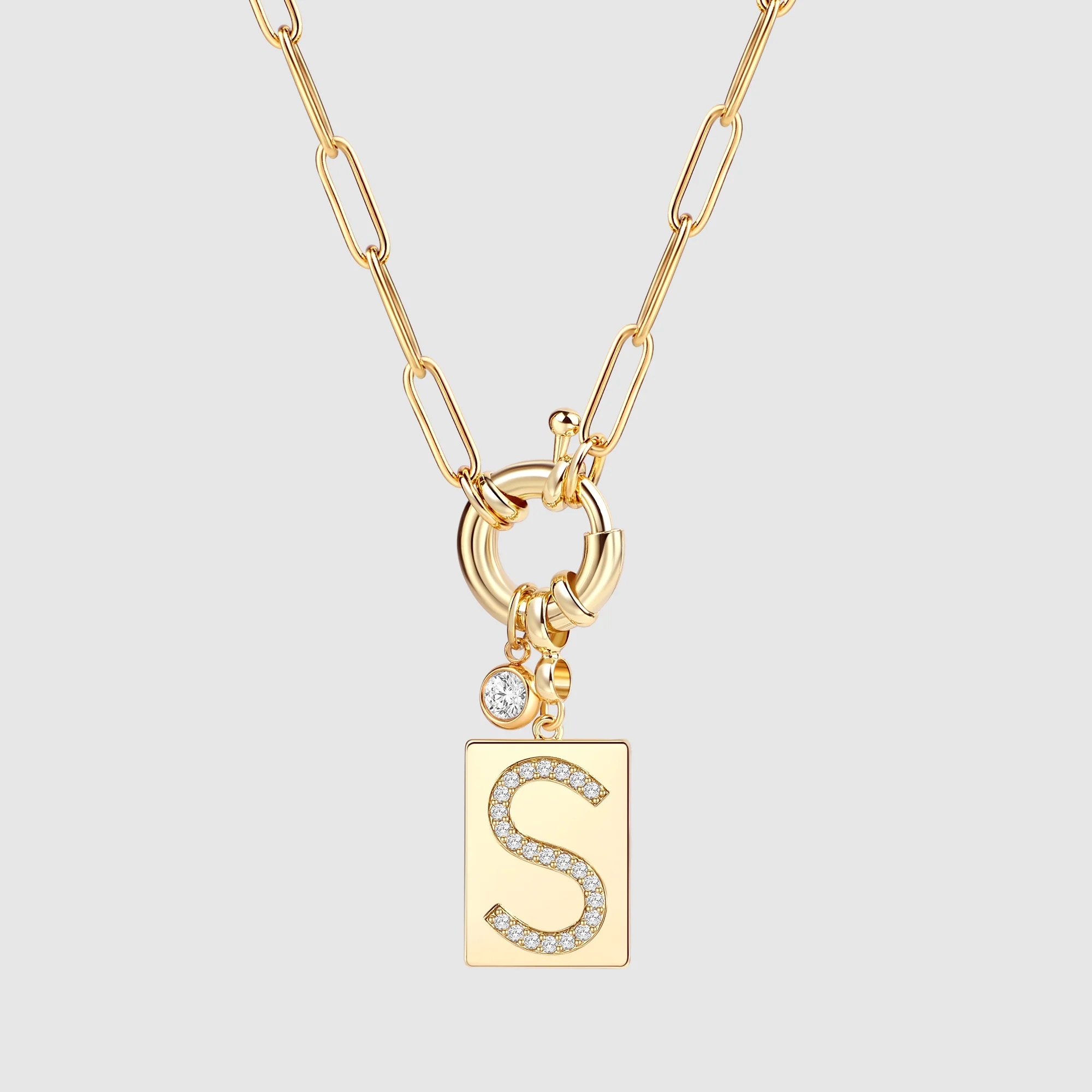 Pave Initial Pendant Necklace with Paperclip Chain - Image 67