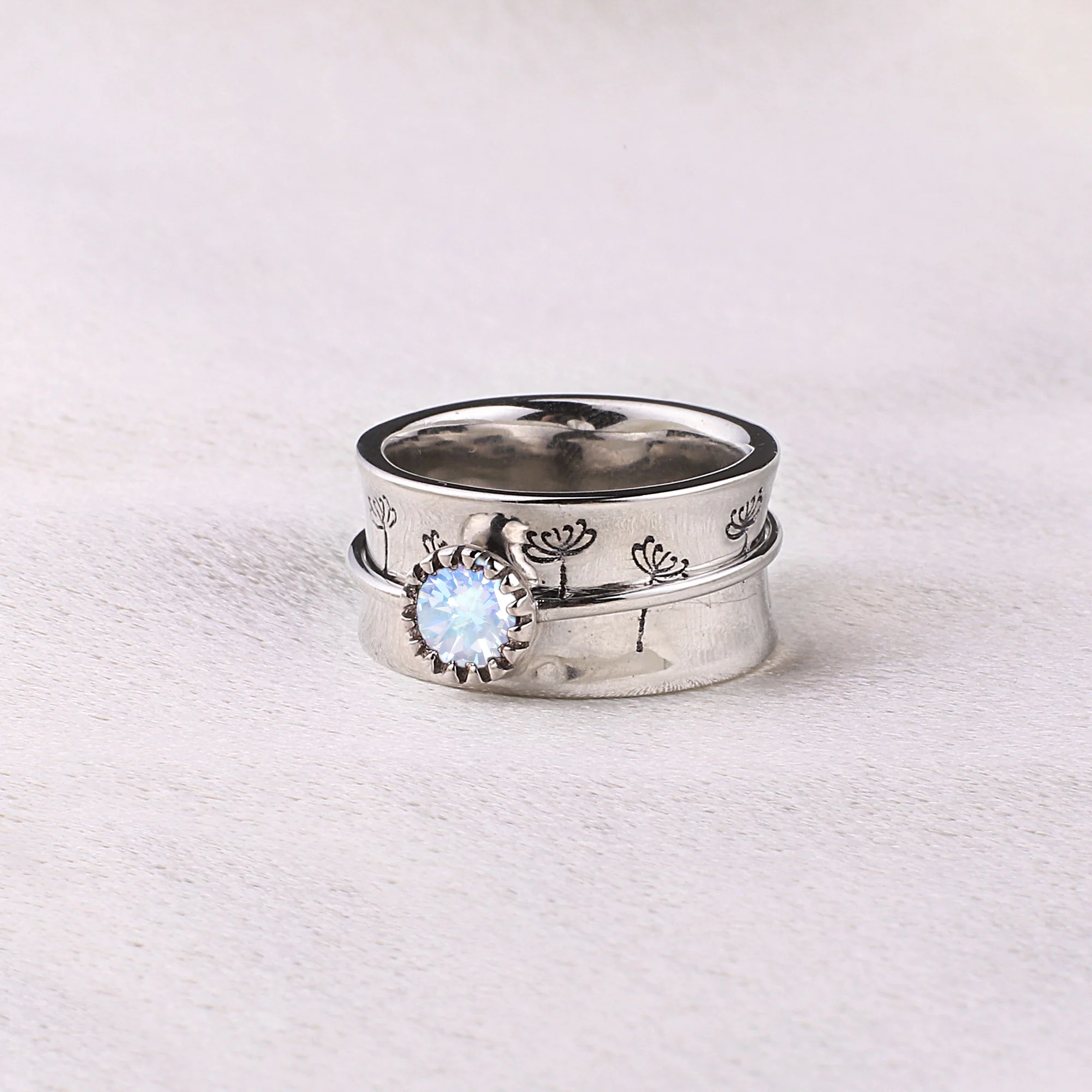 Silver Dandelion Birthstone Spinning Fidget Ring - Image 17