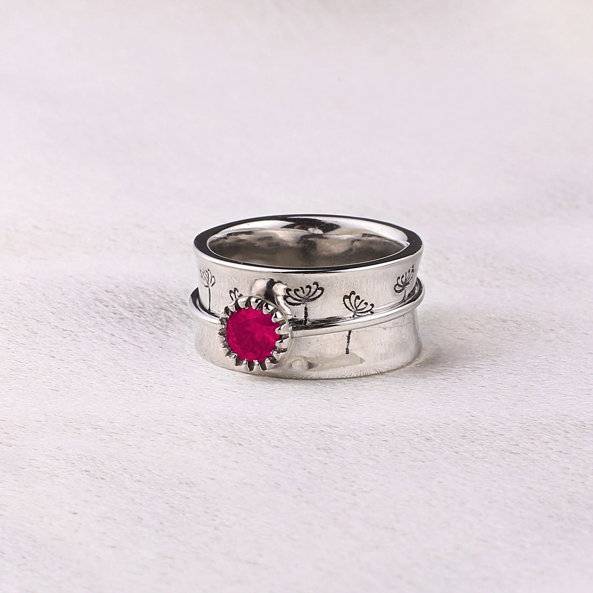 Silver Dandelion Birthstone Spinning Fidget Ring - Image 18
