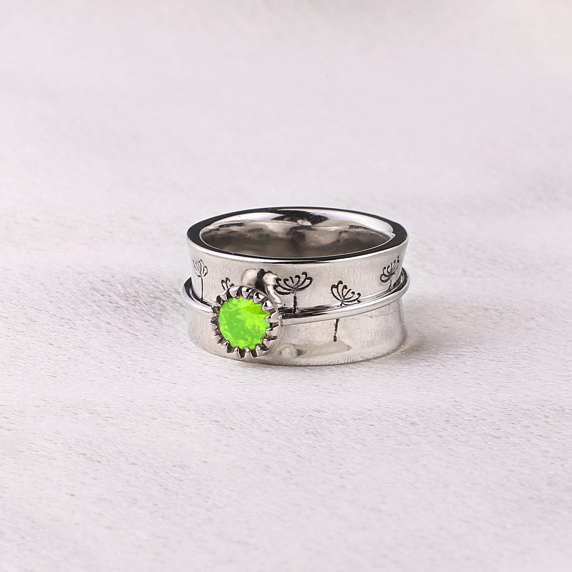 Silver Dandelion Birthstone Spinning Fidget Ring - Image 19