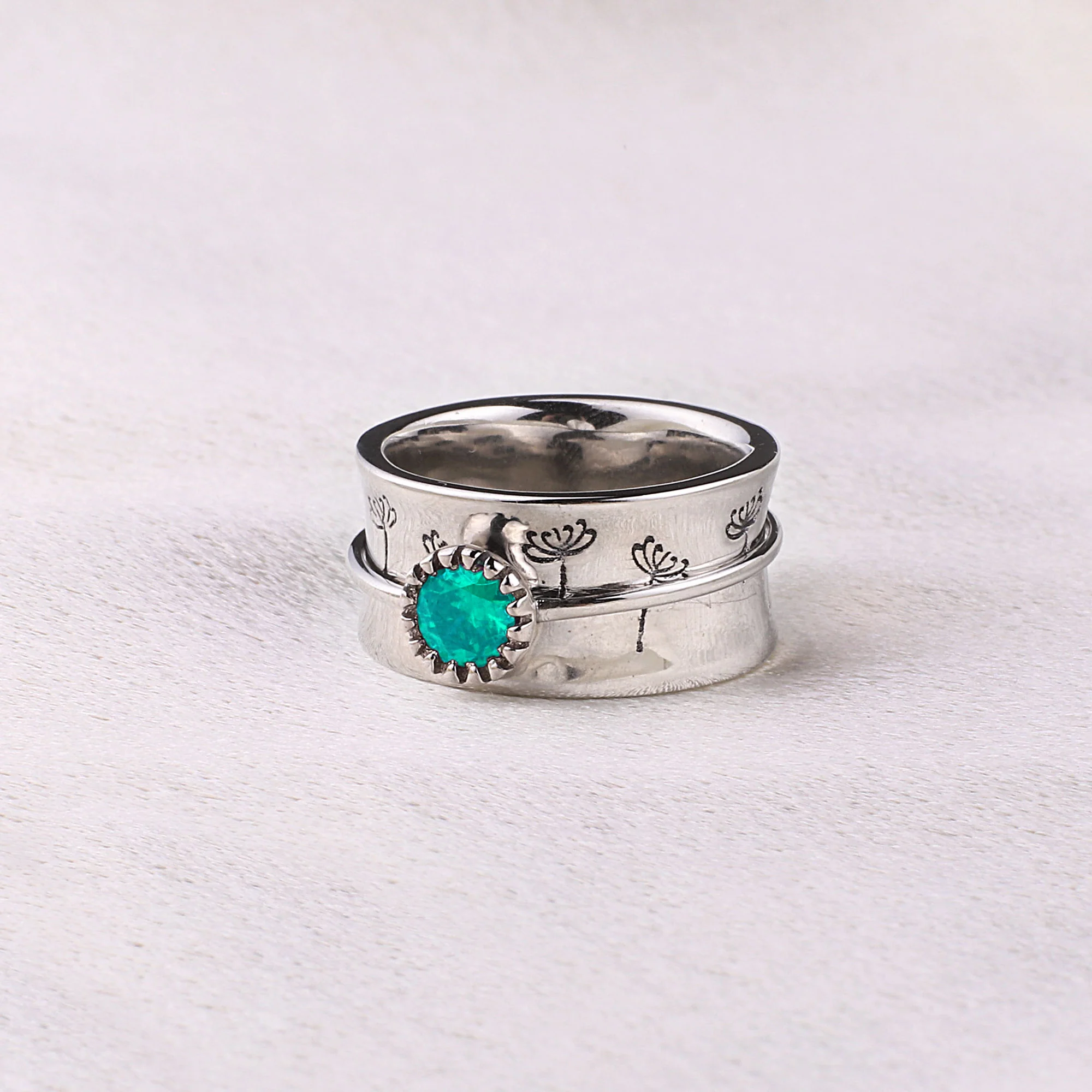 Silver Dandelion Birthstone Spinning Fidget Ring - Image 23