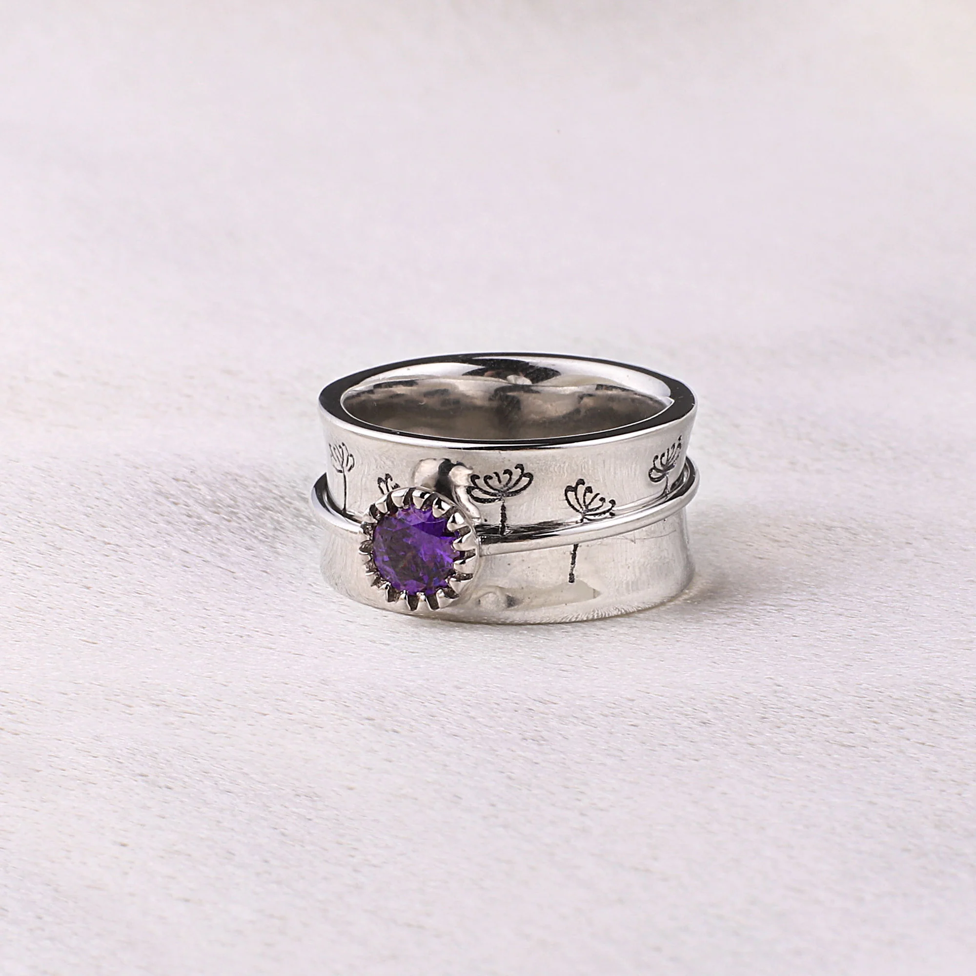Silver Dandelion Birthstone Spinning Fidget Ring - Image 56