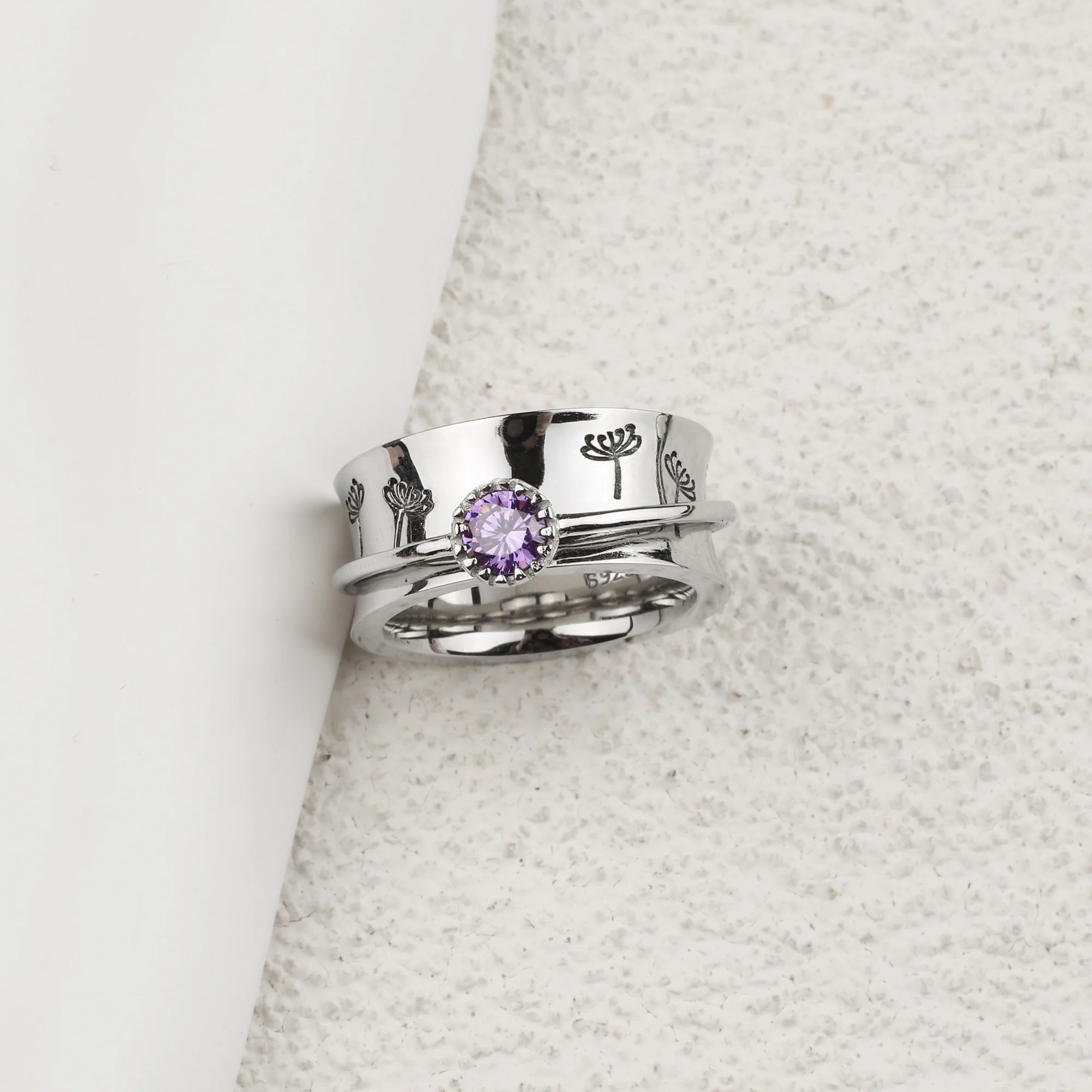 Silver Dandelion Birthstone Spinning Fidget Ring - Image 81