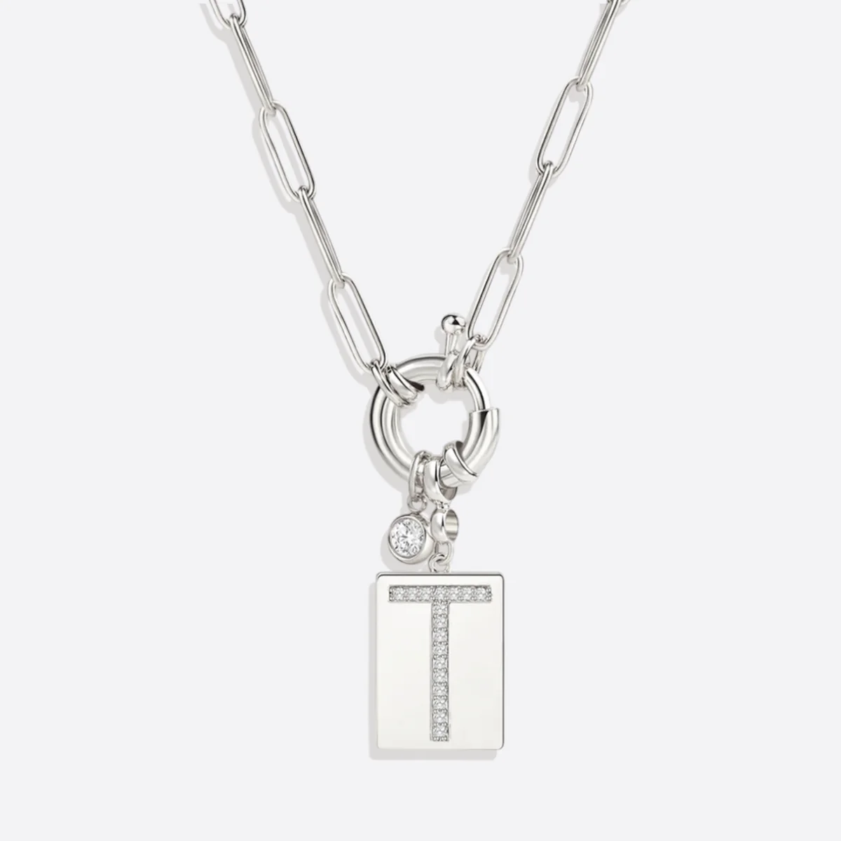 Pave Initial Pendant Necklace with Paperclip Chain - Image 12