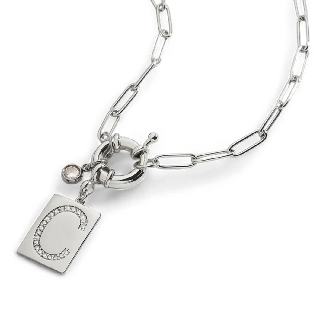 Pave Initial Pendant Necklace with Paperclip Chain - Image 3